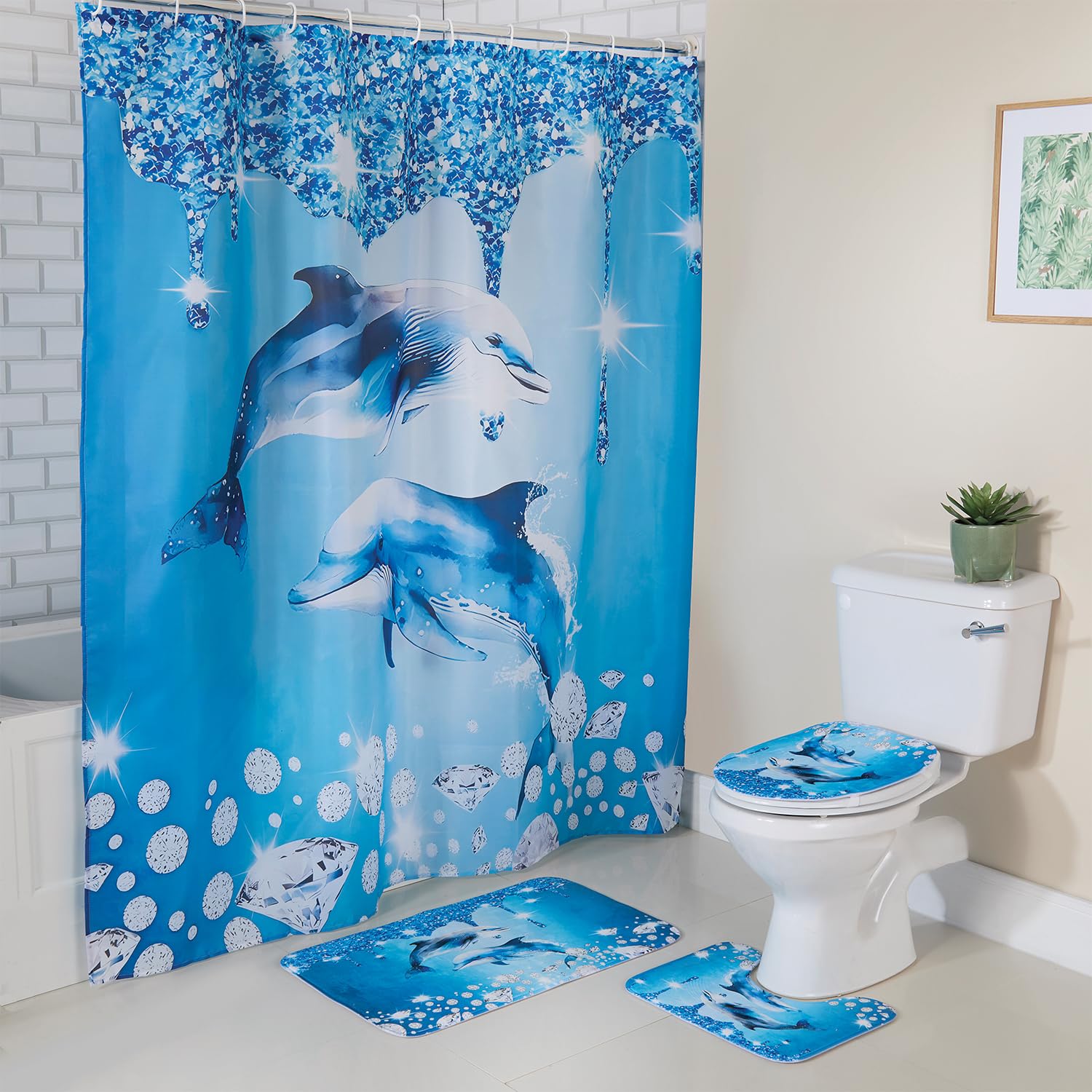 Coopers of Stortford - 4 Piece Dolphin Bathroom Set - Shower Curtain with 12 Rings - Bathmat Pedestal Mat Toilet Lid Cover - Soft Absorbent Machine Washable