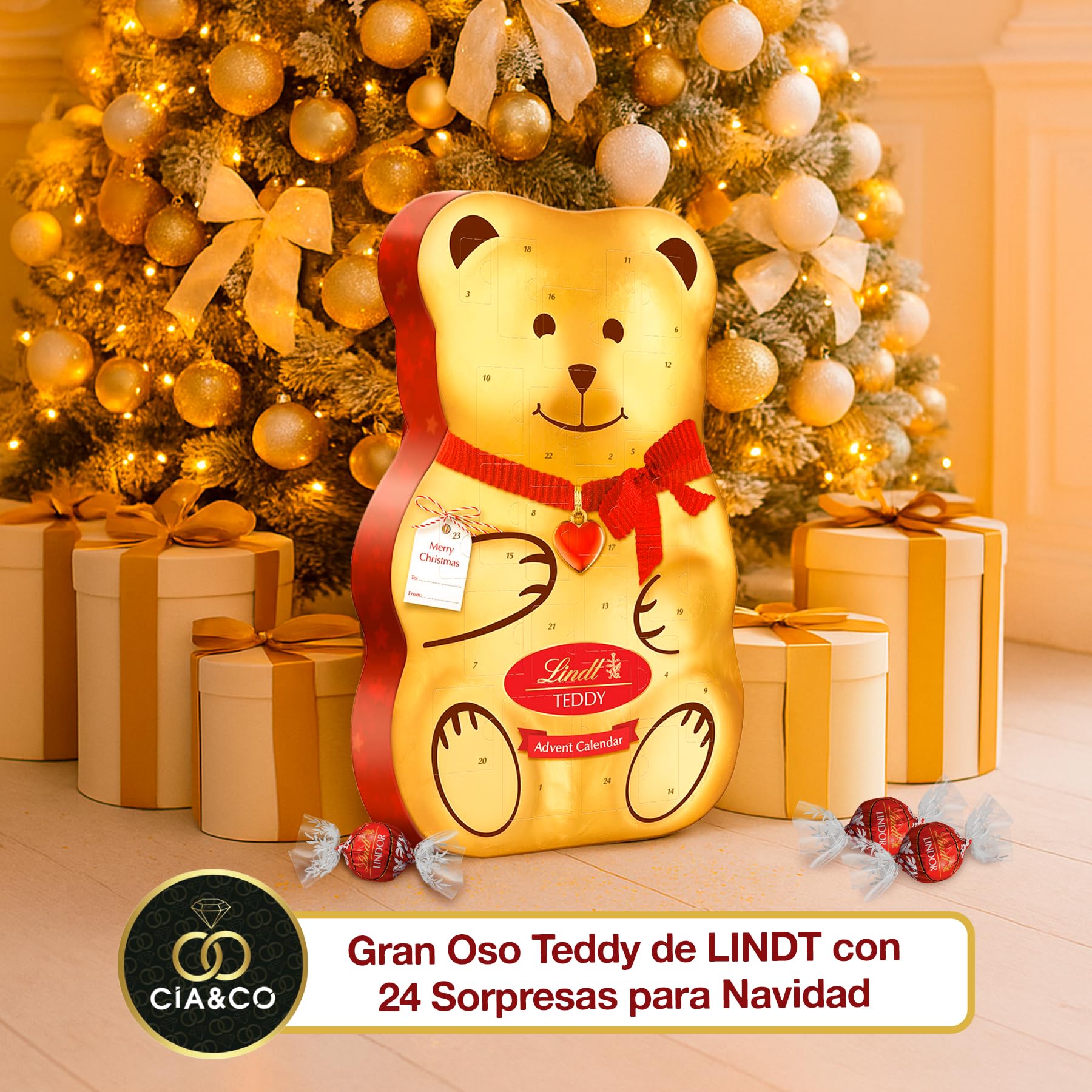 Gran Calendario de Adviento OSO TEDDY 2025 · Gran Formato 310 g · Incluye Tarjeta Personalizada Navidad Cia&Co · Surtido de Bombones y Figuras de Chocolate con Leche · Regalo Premium