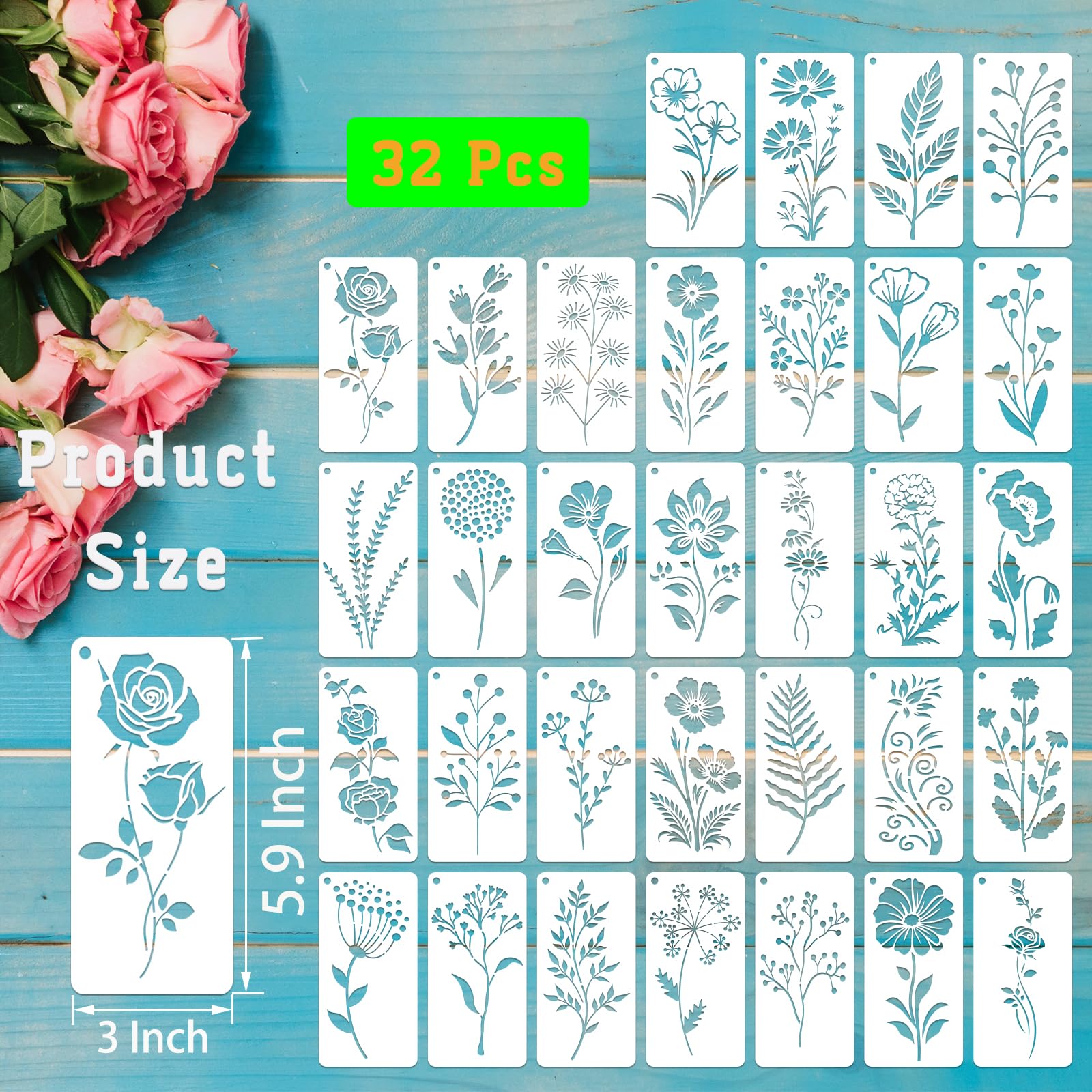 32 plantillas de flores silvestres para pintar sobre madera, plantillas reutilizables de hojas de flores de plástico para manualidades, juego de plantillas de dibujo para papel de pared,
