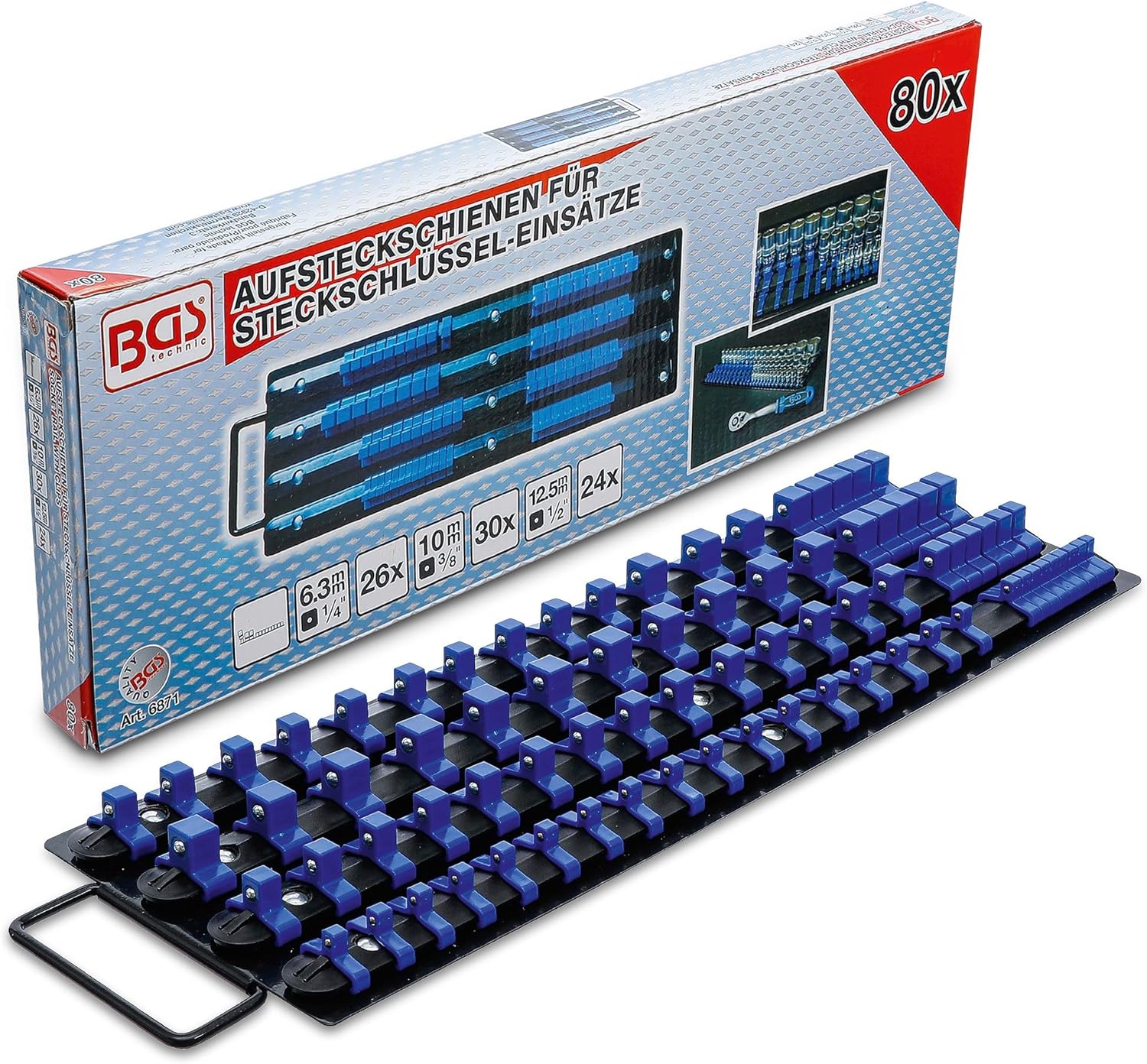 BGS 6871 | Slip-on rail Set for Sockets | with 80 Clips | for Sockets 6.3 mm (1/4") | 10 mm (3/8") | 12.5 mm (1/2")