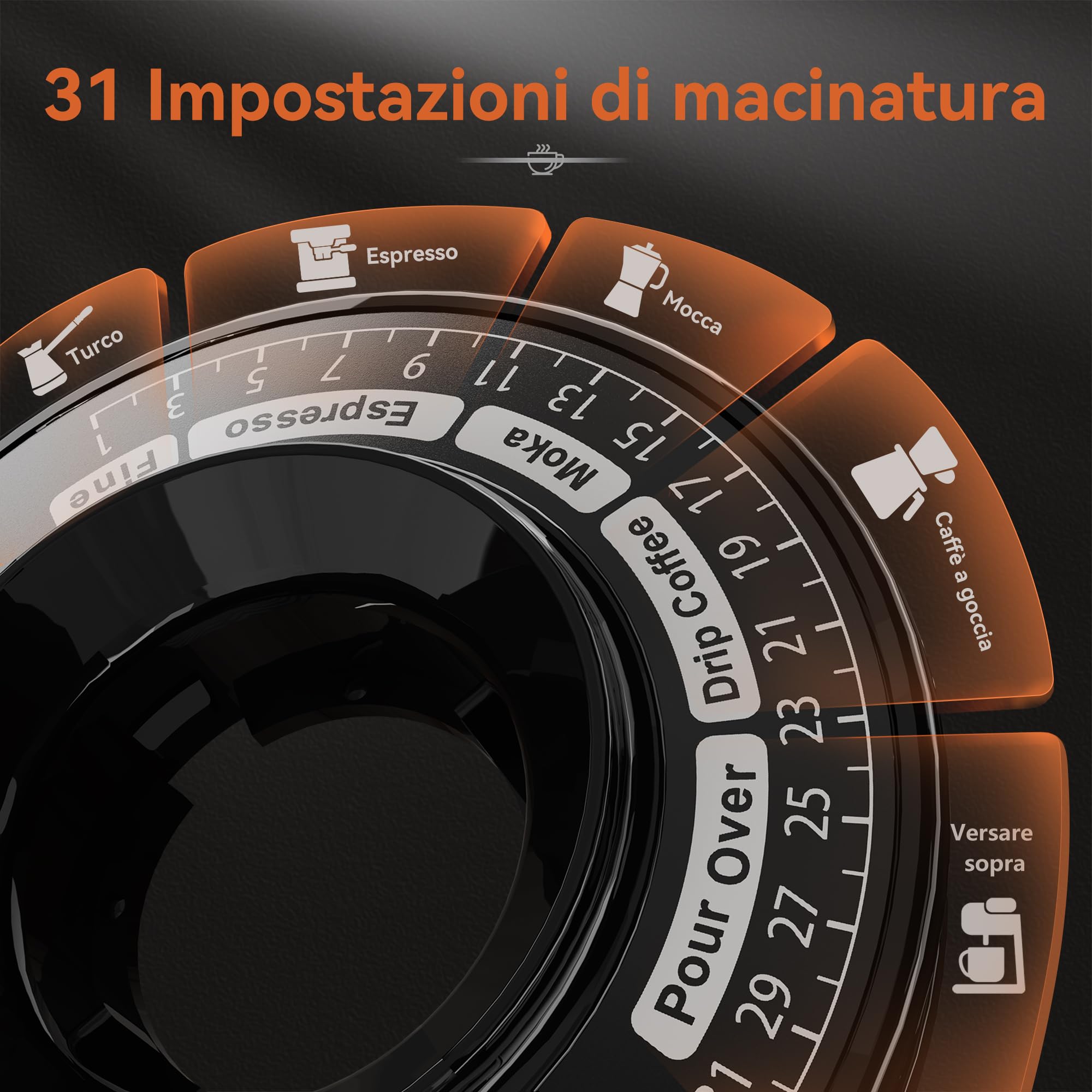 HIBREW Macinacaffè elettrico – Macinacaffè conico in acciaio inox con aroma conservato, tazza singola, 200 Watt, 31 impostazioni di macinazione regolabili