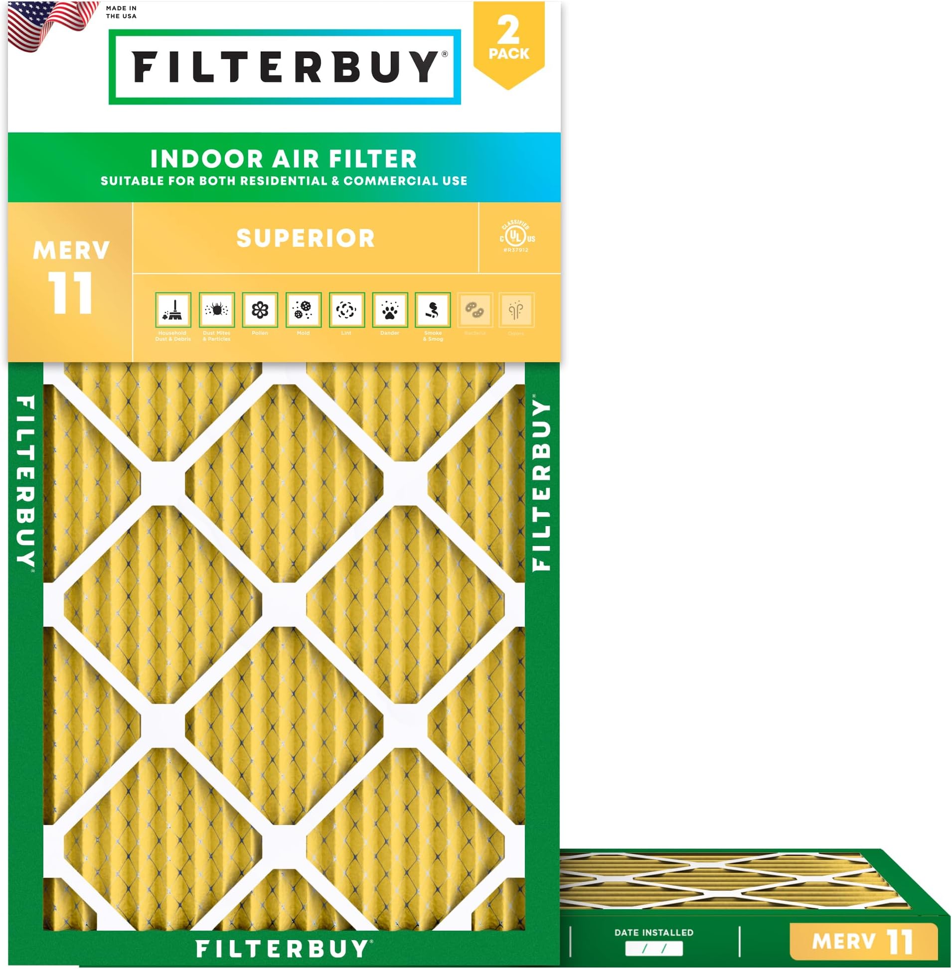 Filterbuy 12x36x1 Air Filter MERV 11 Superior Pet & Allergy Defense (2-Pack), Electrostatic Pleated HVAC AC Furnace Filters Replacement (Actual Size: 11.88 x 35.88 x 0.75)