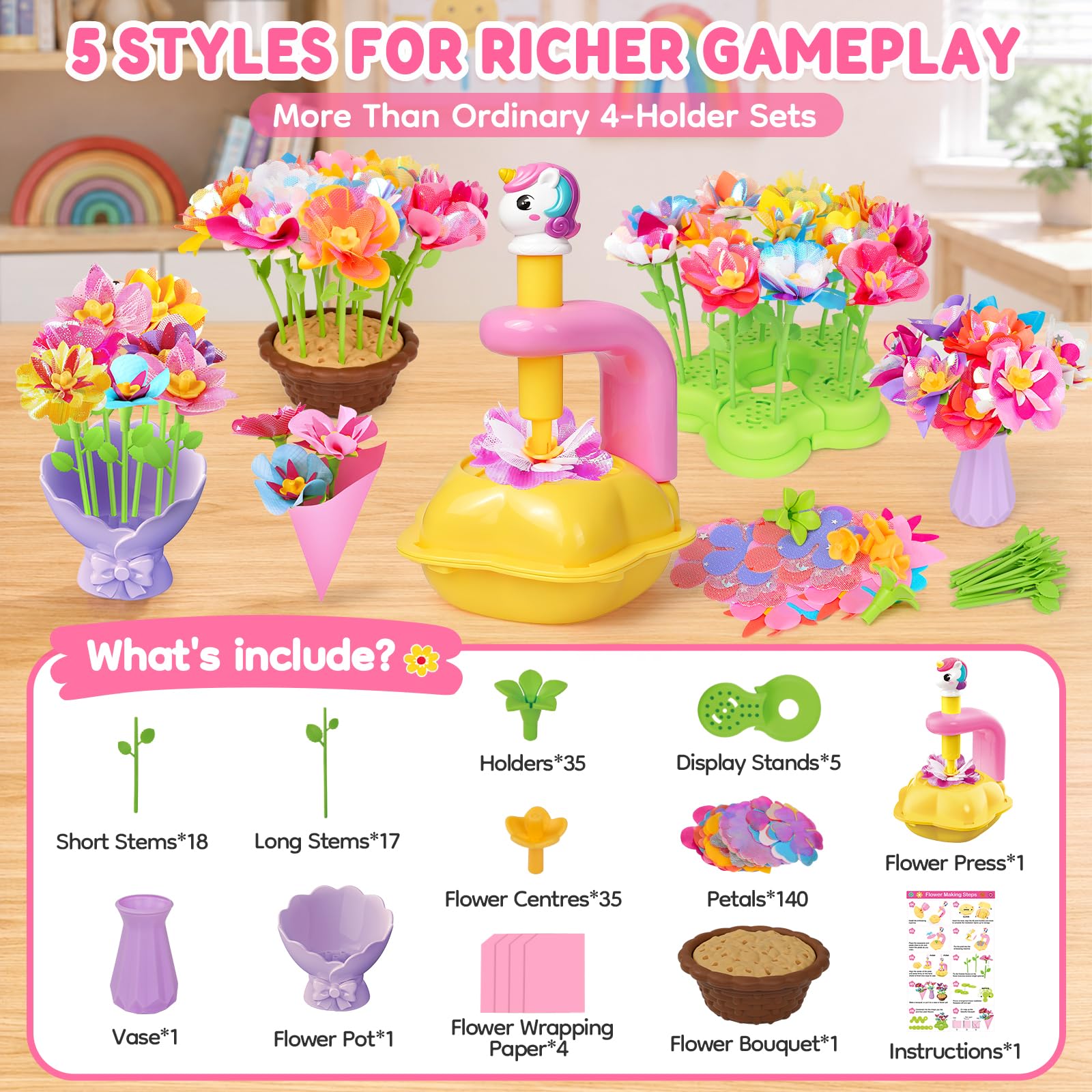 Blumen Basteln Kinder 3-12 Jahre, Bastelset Mädchen, Blumenpresse Kinder, Kreatives Geschenk, Blumenstrauß Spielzeug, DIY Blumen Bastelset Kinder ab 3 Jahre, Geschenk für Geburtstag Weihnachten