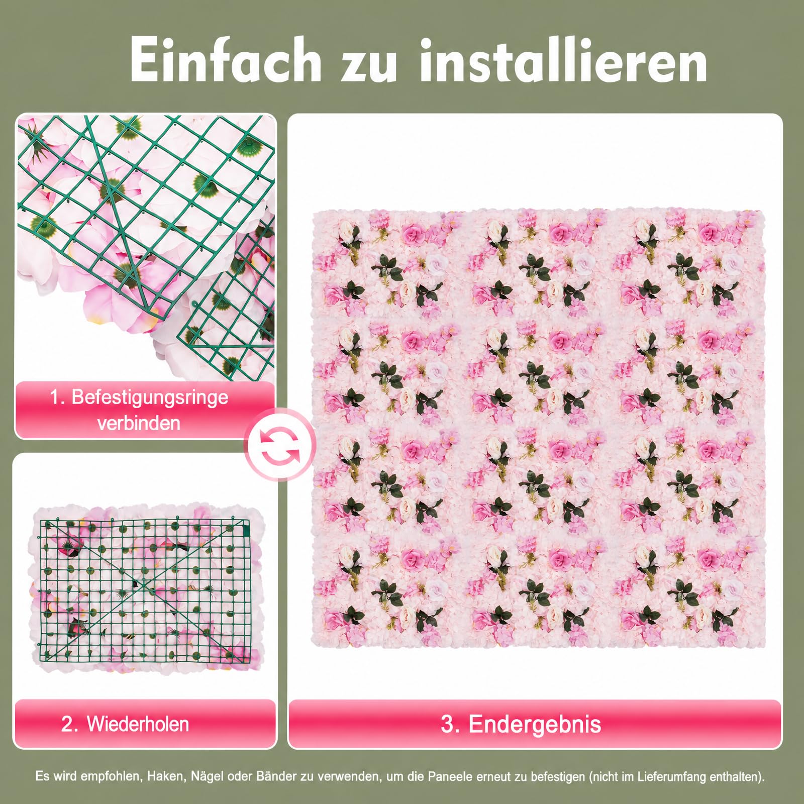 12 Stück 40x60 cm Blumen Wandb mit Einfach Wandmontiert (Hellrosa) | DIY Künstliche Blumen-Wandpaneel Set, Mit Echten Seidenblumen Dahlien und Rosen für Party Hochzeit Hintergrund