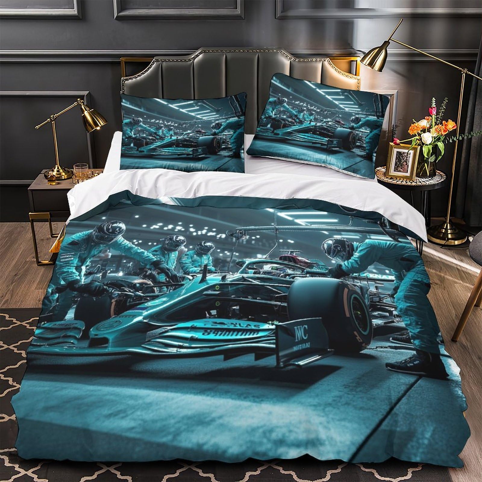 DAFUfbw Formulaa Racing Duvet Cover Double（200x200cm）, 3D Pattern Pit Stop Bedding Set Hypoallergenic Quilt Cover with Hidden Zipper, Breathable