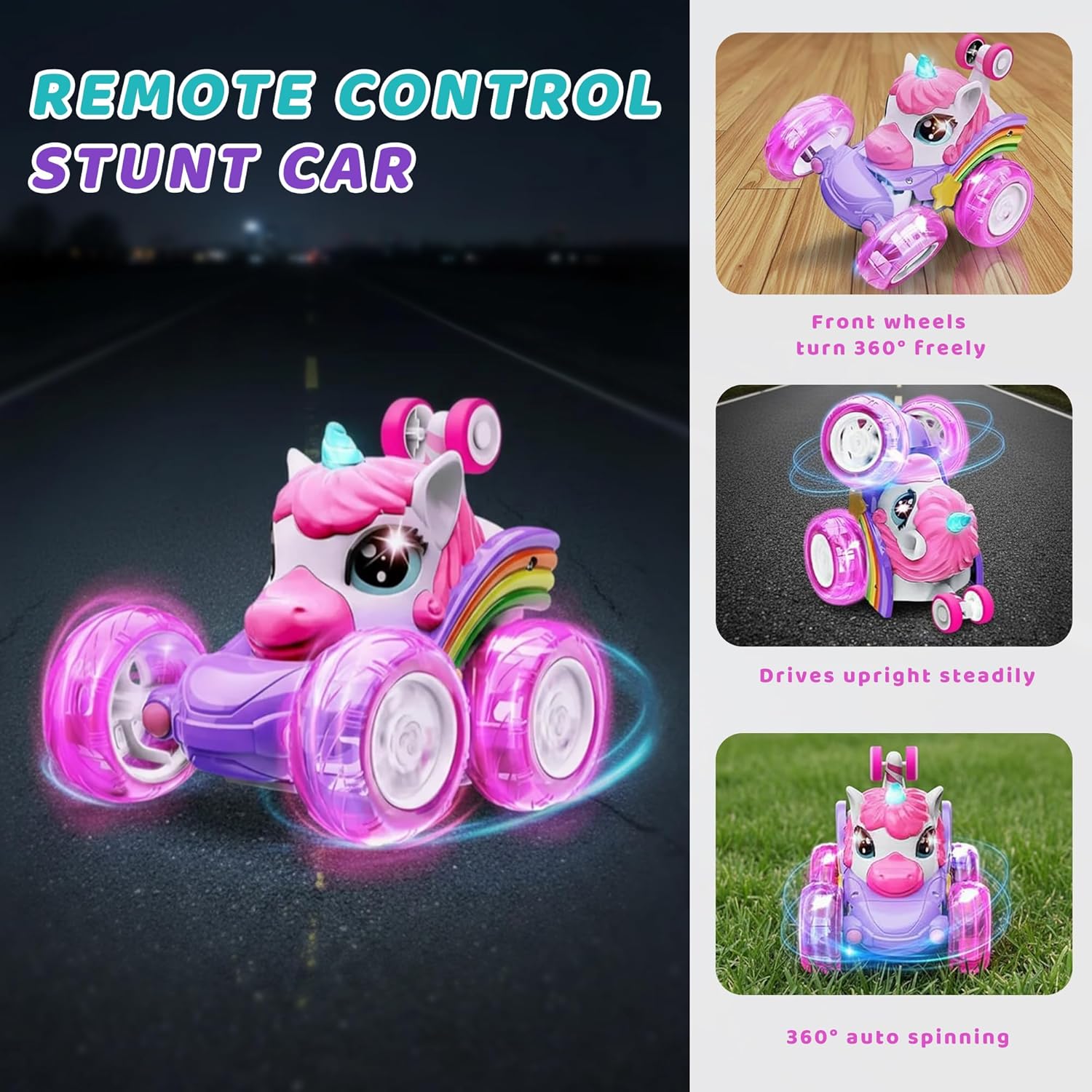 Unicorn Remote Control Car for Girls, Rechargeable 360° Rotating Stunt RC Car with LED Lights,4WD Double-Sided Spinning Vehicle Fun Indoor Outdoor Toys,Birthday for 3 4 5 6 Year Old Kid