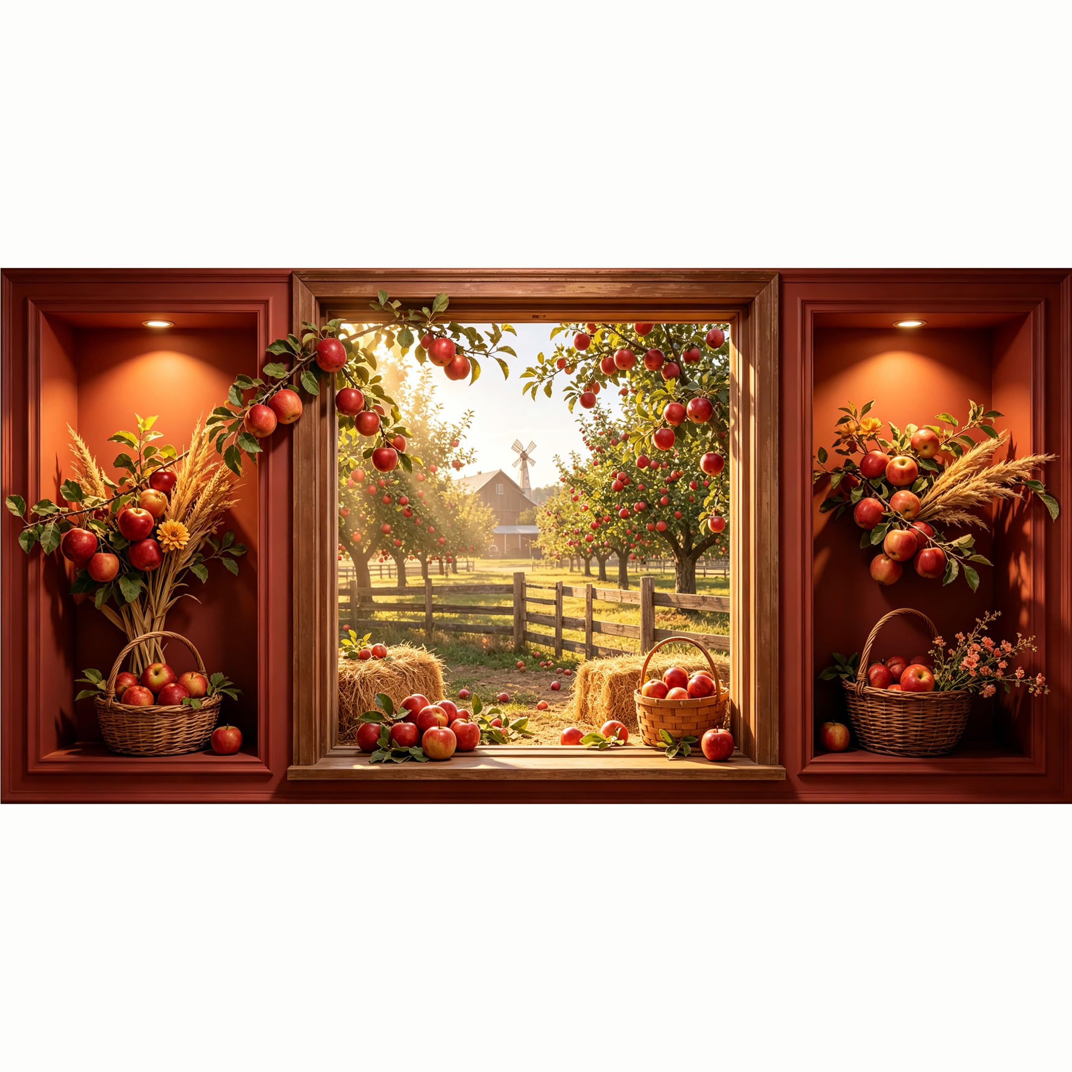 QZLITHOTIC 50x100cm 3D Framed Wall Art， Farmhouse Apple Orchard Landscape Self‑Adhesive Mural， Water‑Activated Peel & Stick Fabric Decor Wall Decal for Bedroom Living Room
