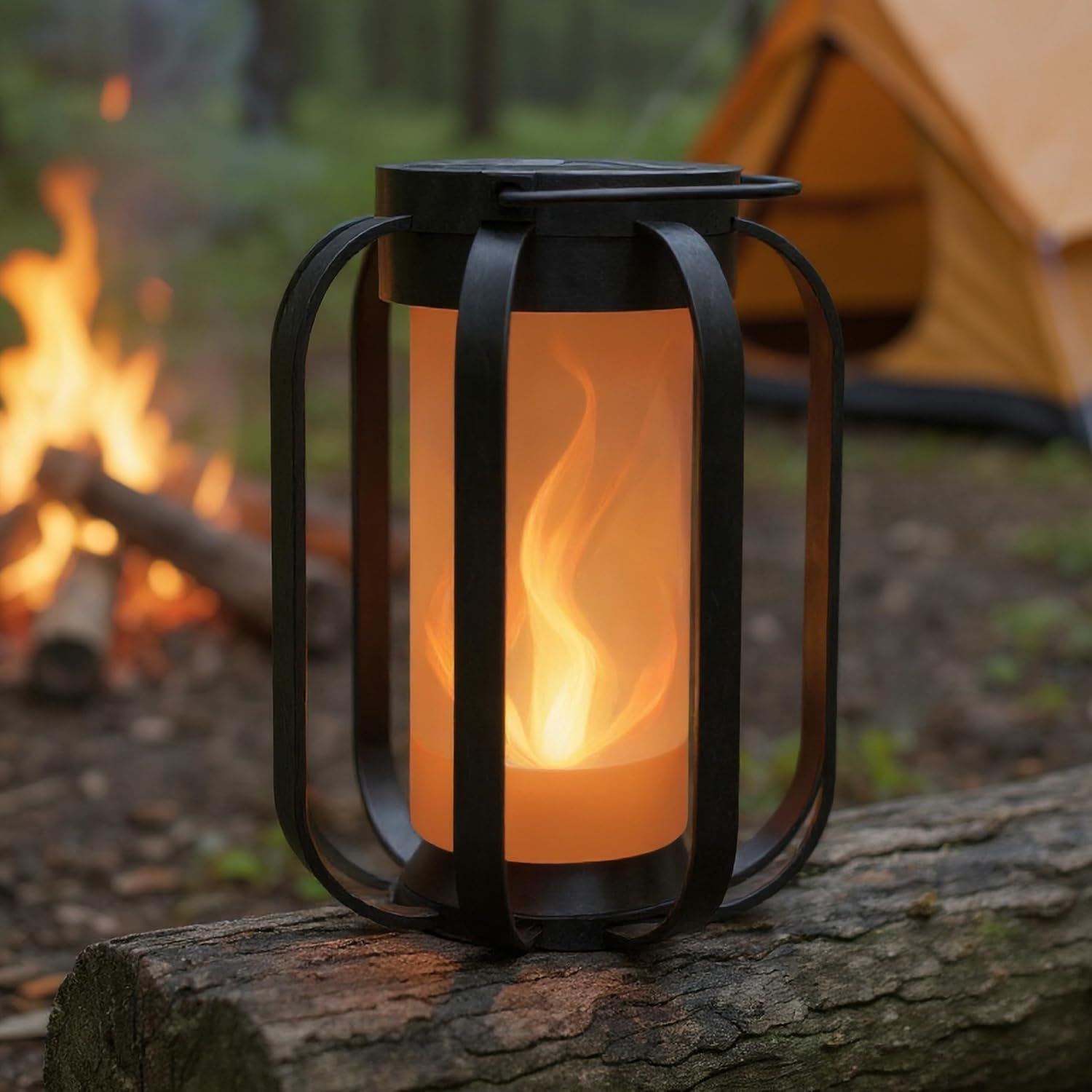 FoxFlame Modern Solar Lanterns Outdoor Waterproof - Patented Flickering LED Flame Effect, IP65 Waterproof, Matte Black Finish, Hanging Solar Lights for Outside for Patio, Garden, Porch(2 Pack)
