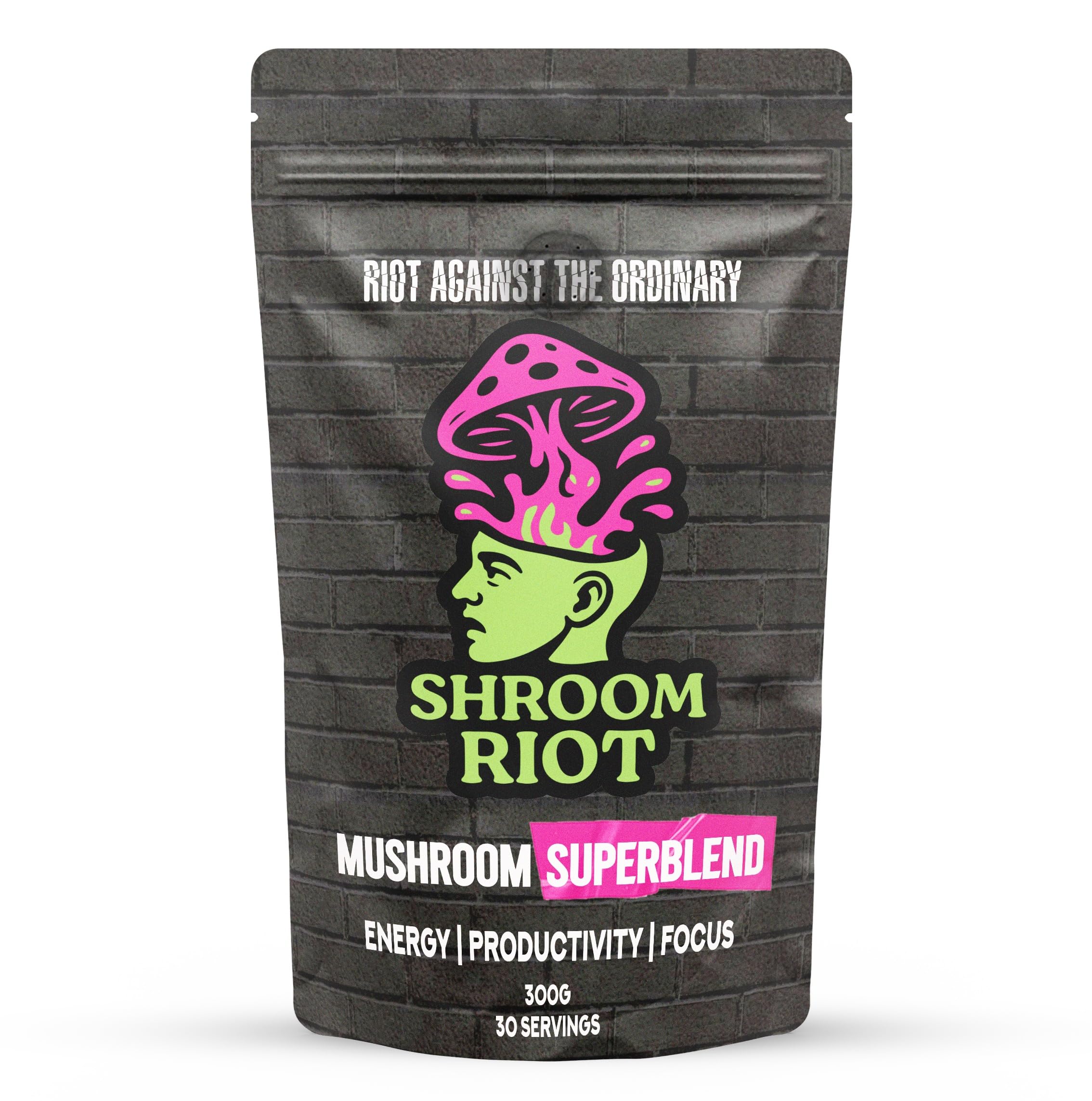 Shroom Riot Cocoa Mushroom Superblend | Instant Chocolate Powder Drink with Lion’s Mane, Chaga, Reishi & Cordyceps | 300g | 30 Servings
