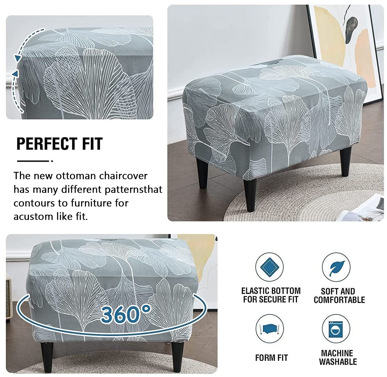 Coprisedia Wingback Con Orecchie E Copri Pouf (2+1 Pezzi) Elasticizzati, Lavabili