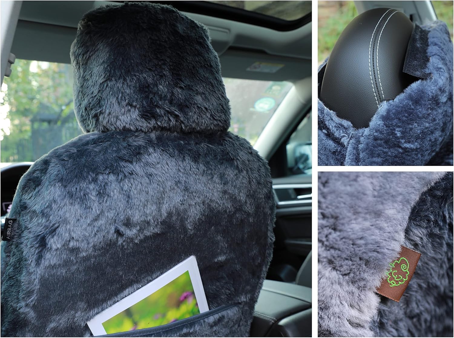Genuine Sheepskin Seat Cover Lambskin Seat Cover Winter Car Seat Cover Lambs Wool Sheep Skin Fuzzy Shearling Car Accessories with Curve Patten (Gray with bit of Bluish Tint)