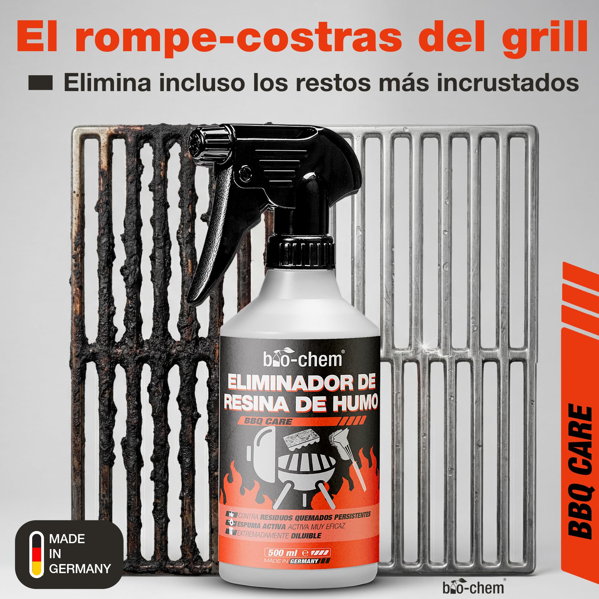 Bio-Chem - Decapante resina quemaduras 500ml - Limpiador superficies barbacoas 750ml - spray pulverizador de aceite 100ml apto para AirFryer - Con cepillo y esponja - Profi Set 5 productos | Con desengrasante, eliminador de resina de humo, spray de aceite