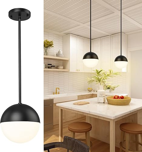 LMS Lámpara colgante moderna de globo de 8 pulgadas de vidrio esmerilado con acabado negro, contemporánea de mediados de siglo, ajustable, lámpara