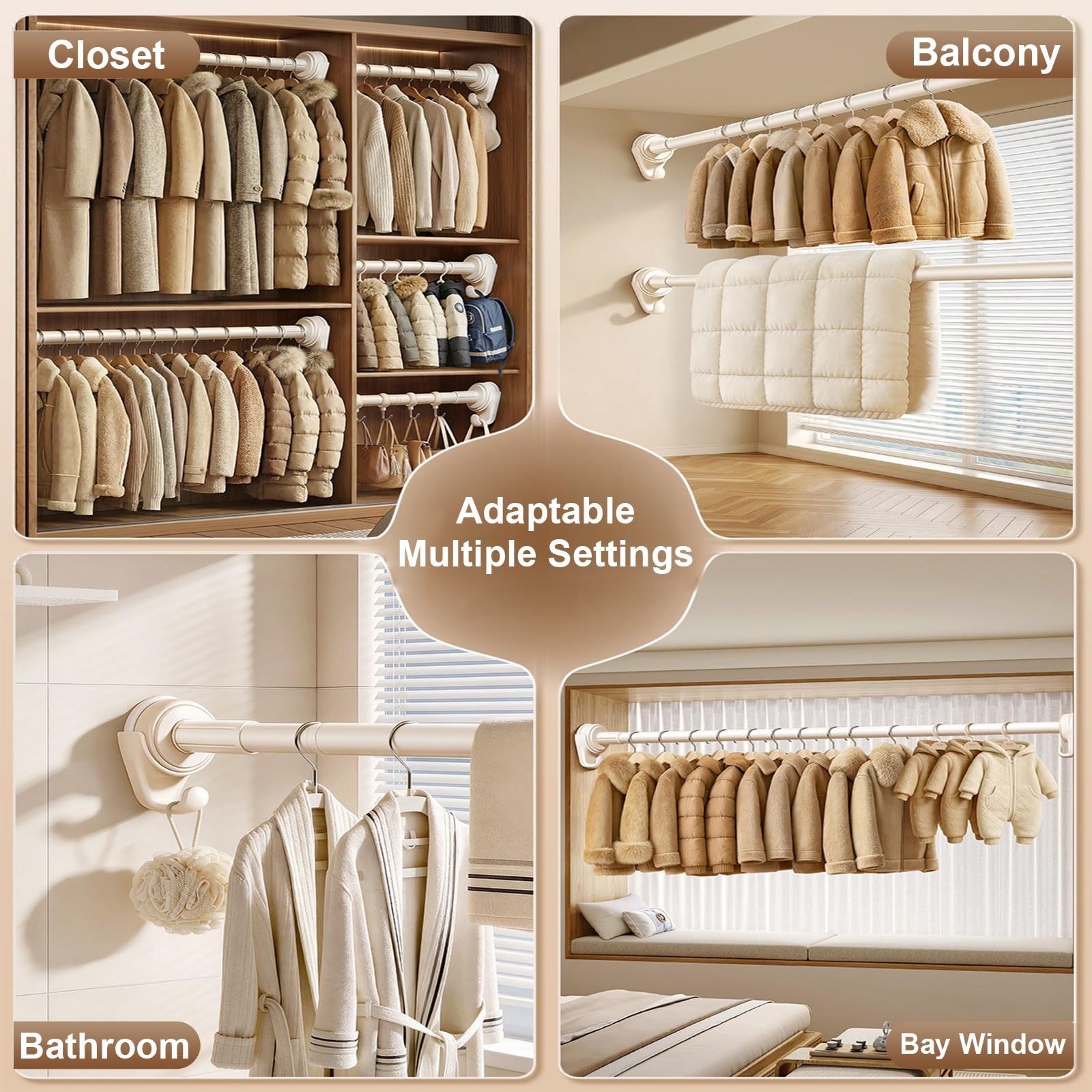 Gardinenstange Ohne Bohren aus Edelstahl, Bohrfrei, Robust und Verstellbar, Spannstange für Kleiderschränke, Garderobenständer, Badezimmer und Raumteiler(Gray,110-190cm/43-75in)