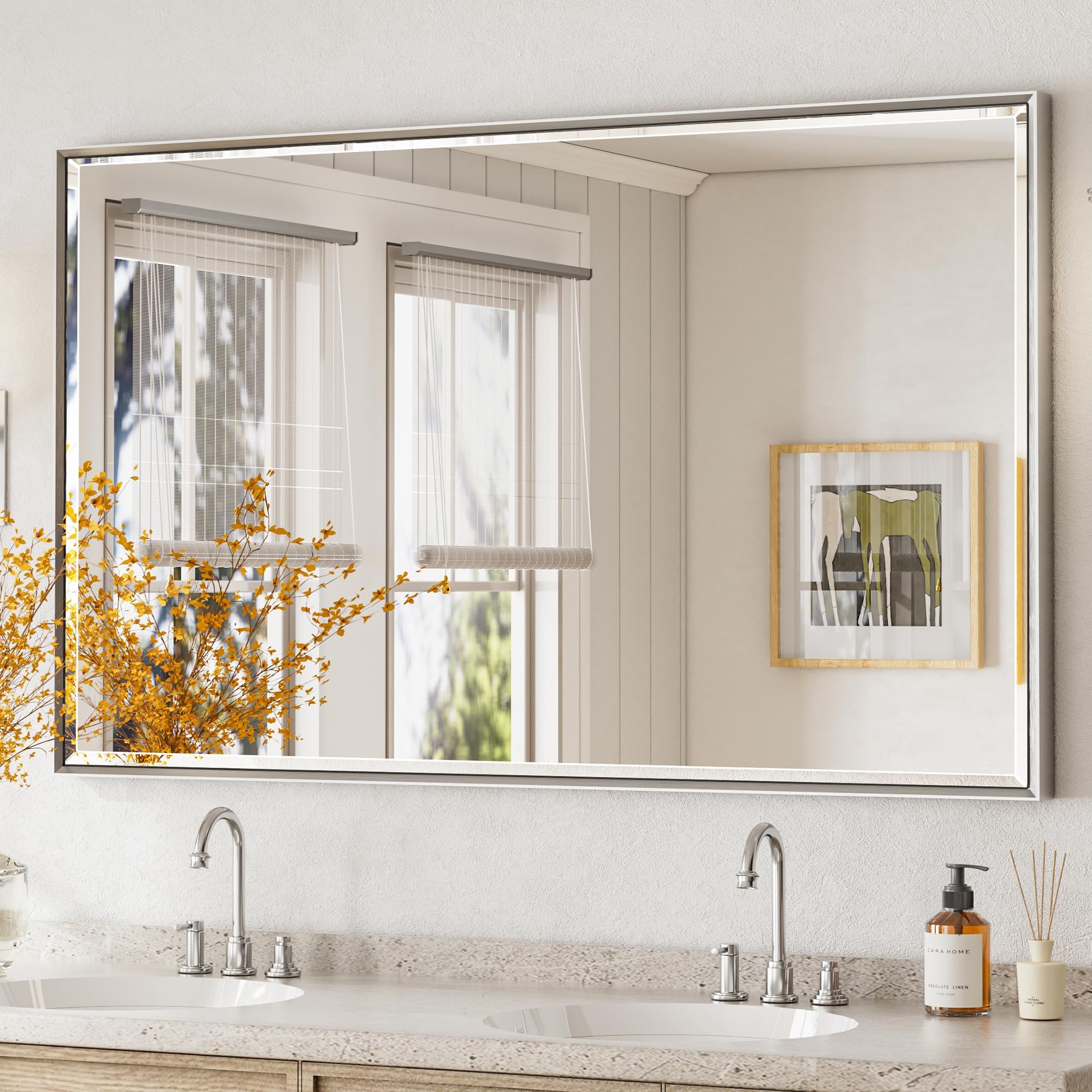 QueenFun 60'' x 36'' Large Beveled Silver Bathroom Vanity Mirror, Shatterproof Rectangle Silver Metal Framed Mirror for Bathroom Wall, Anti-Rust Wall-Mounted Mirror