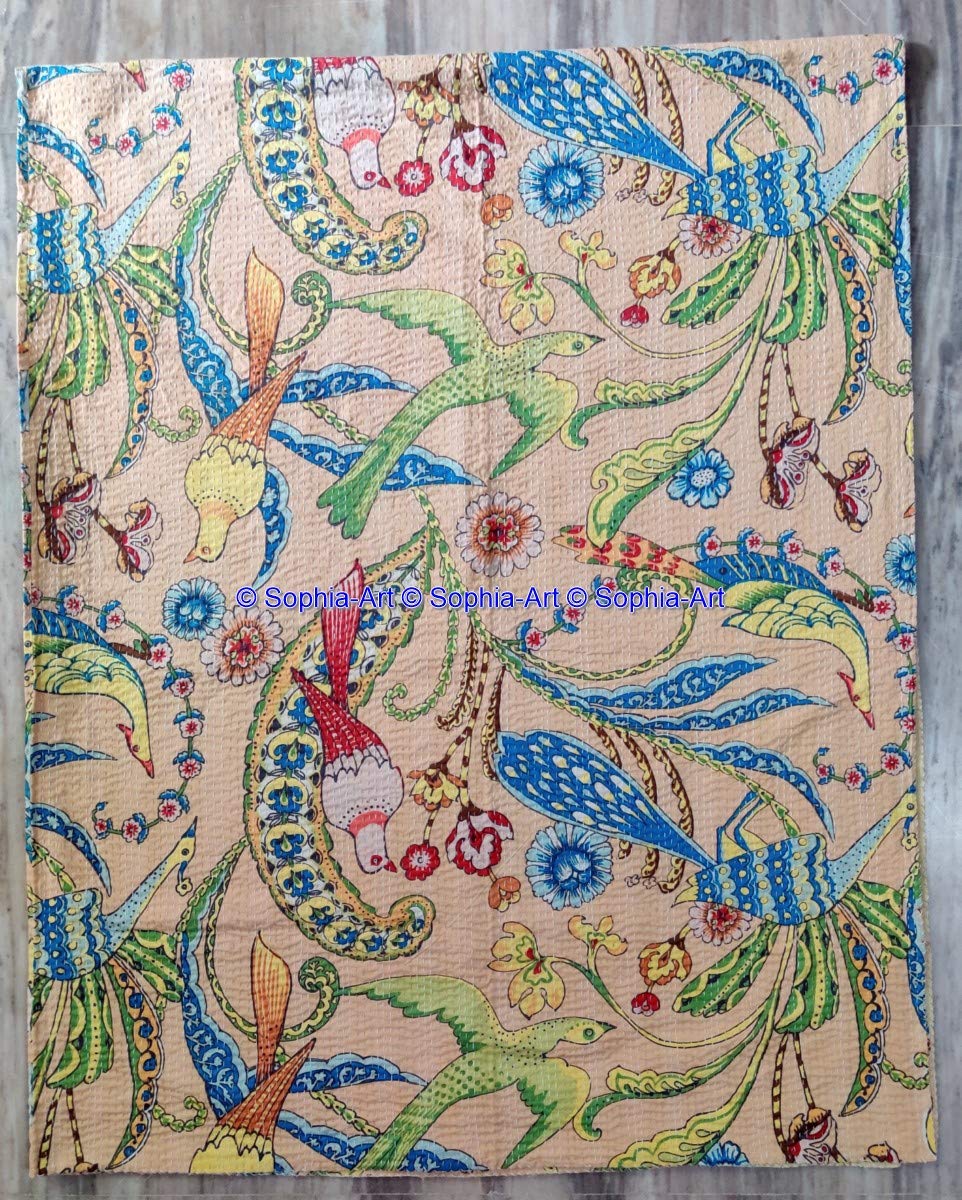 Sophia-Art Colcha India Hecha A Mano Con Estampado De Pavo Real De Algodón Kantha, Colcha étnica, Manta Bohemia, Decorativa, Funda De Cama Hippie (negro, 226 X 250 Cm