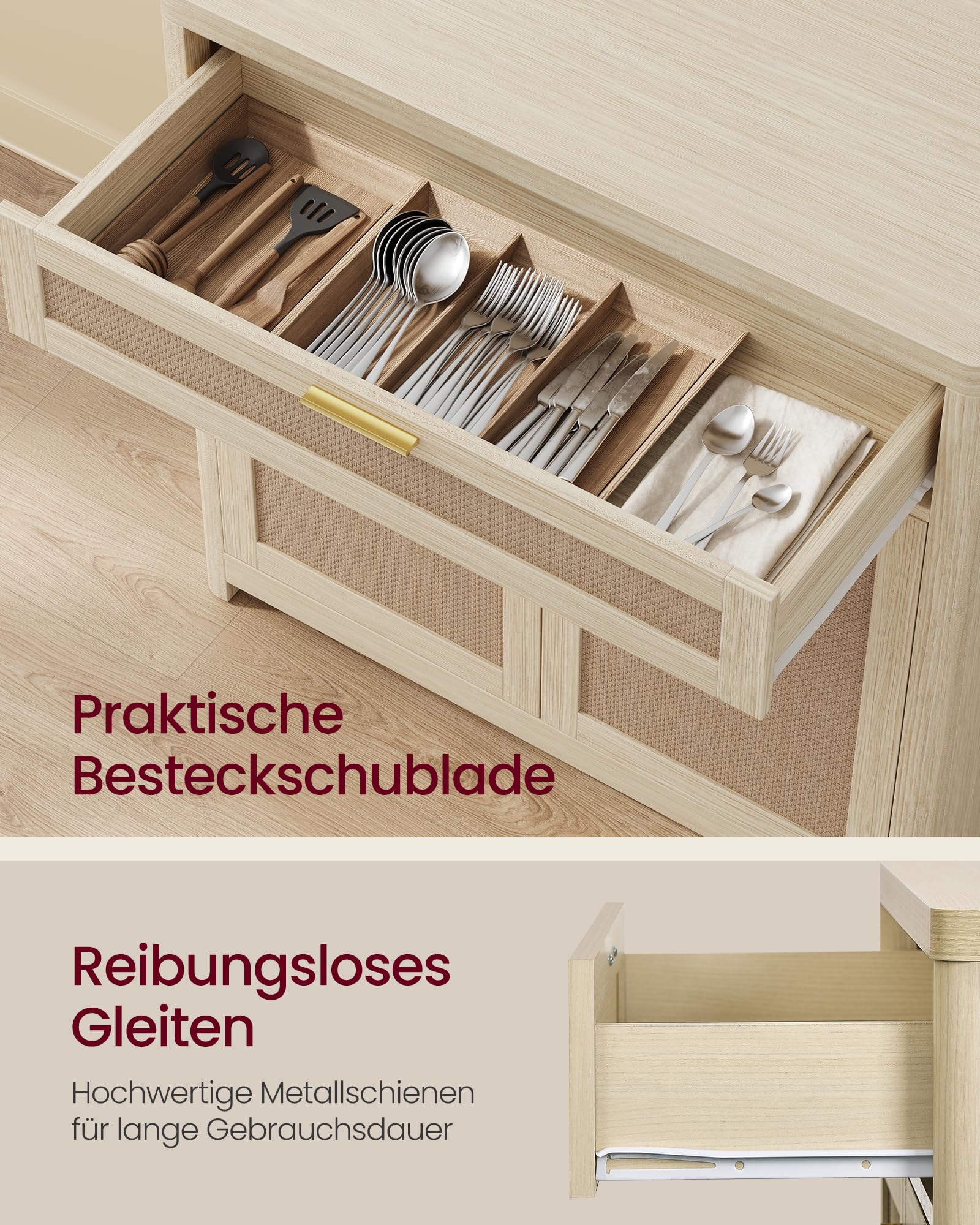 VASAGLE ELLAN Kollektion - Küchenschrank, Sideboard Boho-Stil, Türen in Rattan-Optik, Aufbewahrungsschrank, abgerundete Ecken, verstellbare Ablage, Schublade, Küche, naturbeige BBK601LC01