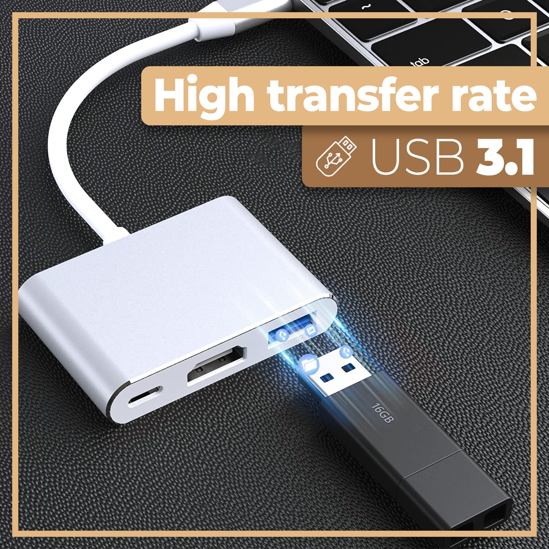 Retoo Adapter USB-C na HDMI 3 w 1, kabel 4K 60 Hz 1080p z audio, uniwersalny, aluminium, USB typu C na HDMI USB 3.1 USB-C do komputera, laptopa, Samsung S Note, OTG, srebrny