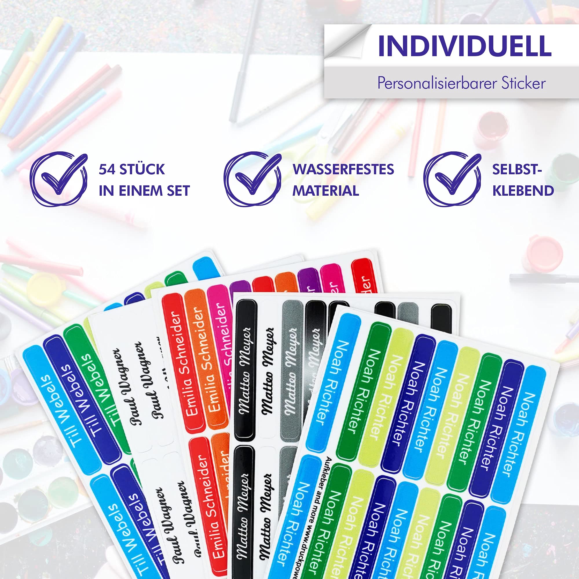 INDIGOS UG®, adesivi con nome - 36 x 7 mm - 300 pezzi per bambini, scuola e asilo - penne, astuccio, righello - sfondo viola - stampa individuale