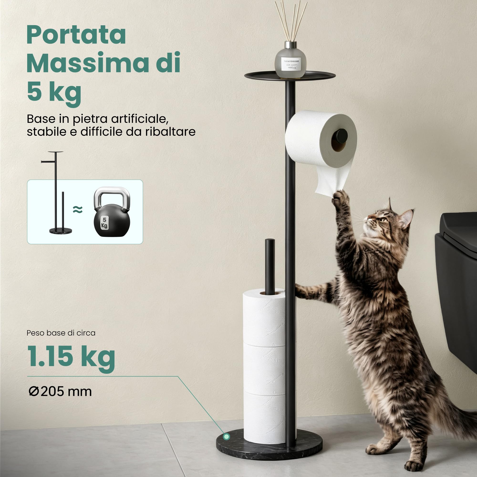 Mai & Mai Portarotolo Carta Igienica da Terra con Mensola, Nero | Portarotolo Autoportante con Ripiano Superiore, Inox 304+Marmo Fuso, Carico 5kg, 4 Cuscinetti Antiscivolo, Lino-06