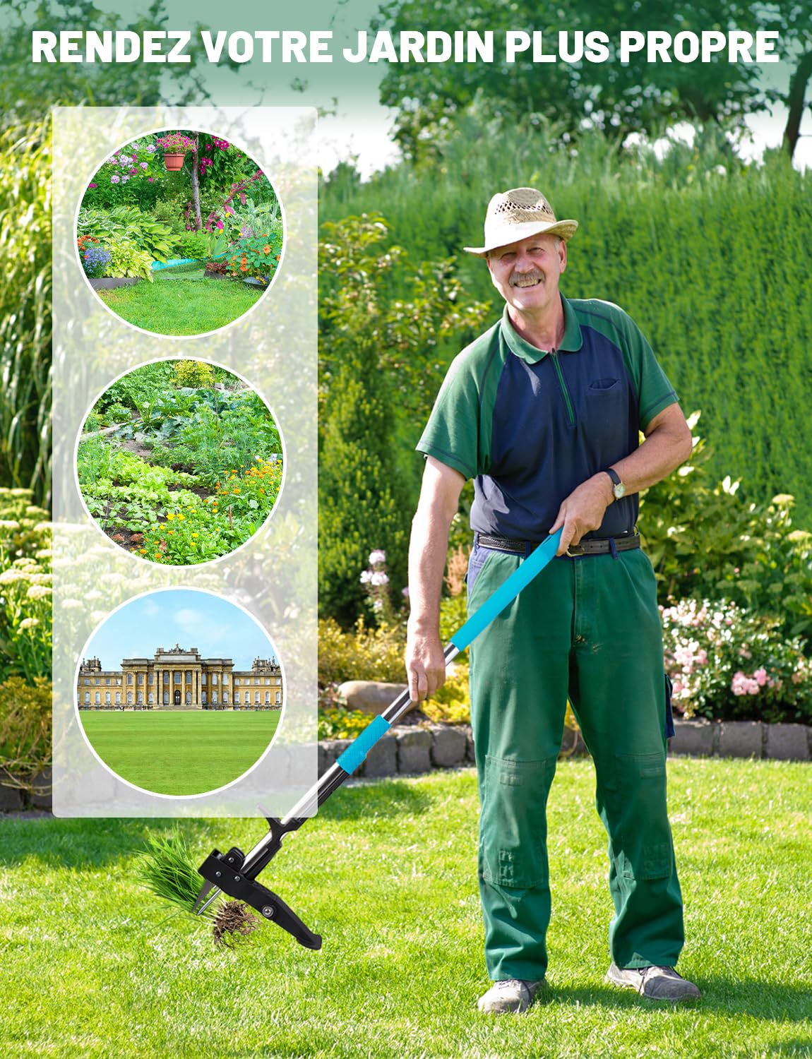 YISSVIC Désherbeur Manuel Arrache Mauvaise Herbe avec Pédale 4 Griffes Acier Inoxydable Long Manche Outil de Désherbage Solide pour Jardin Bleu