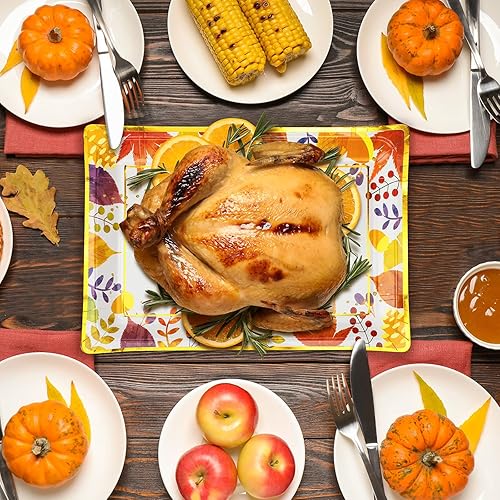 Miniatura 2 de Shellwei 60 platos de papel desechables de Acción de Gracias de 10 x 14 pulgadas, bandejas rectangulares de alimentos de hoja de arce de otoño,