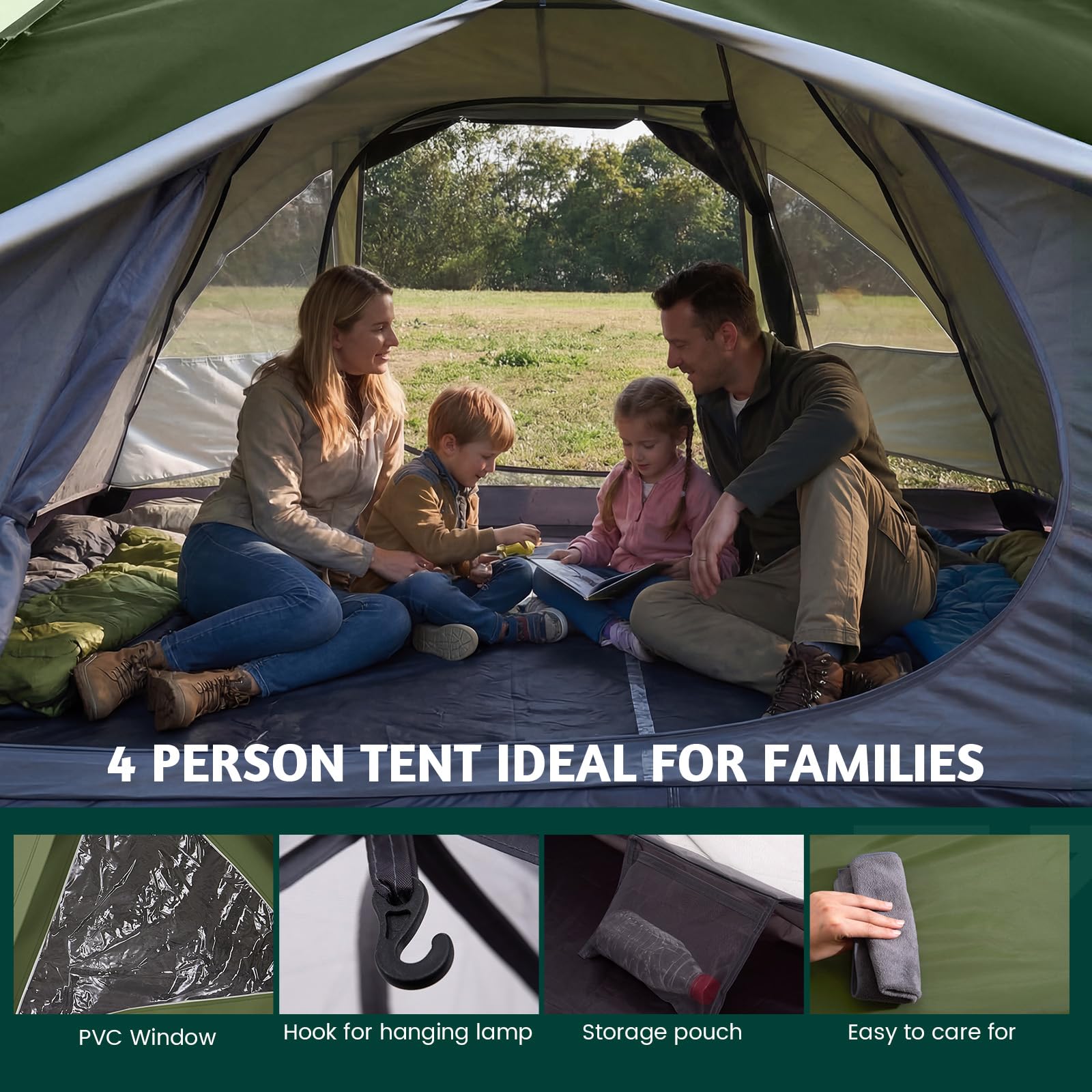 Tienda de campaña con vestíbulo para 4 Personas, 330 x 240 x 130 cm, Tienda Familiar PU4000 Impermeable, protección UV, Ultraligera Doble Capas Tienda Campismo Plegable Familia Cúpula Carpa