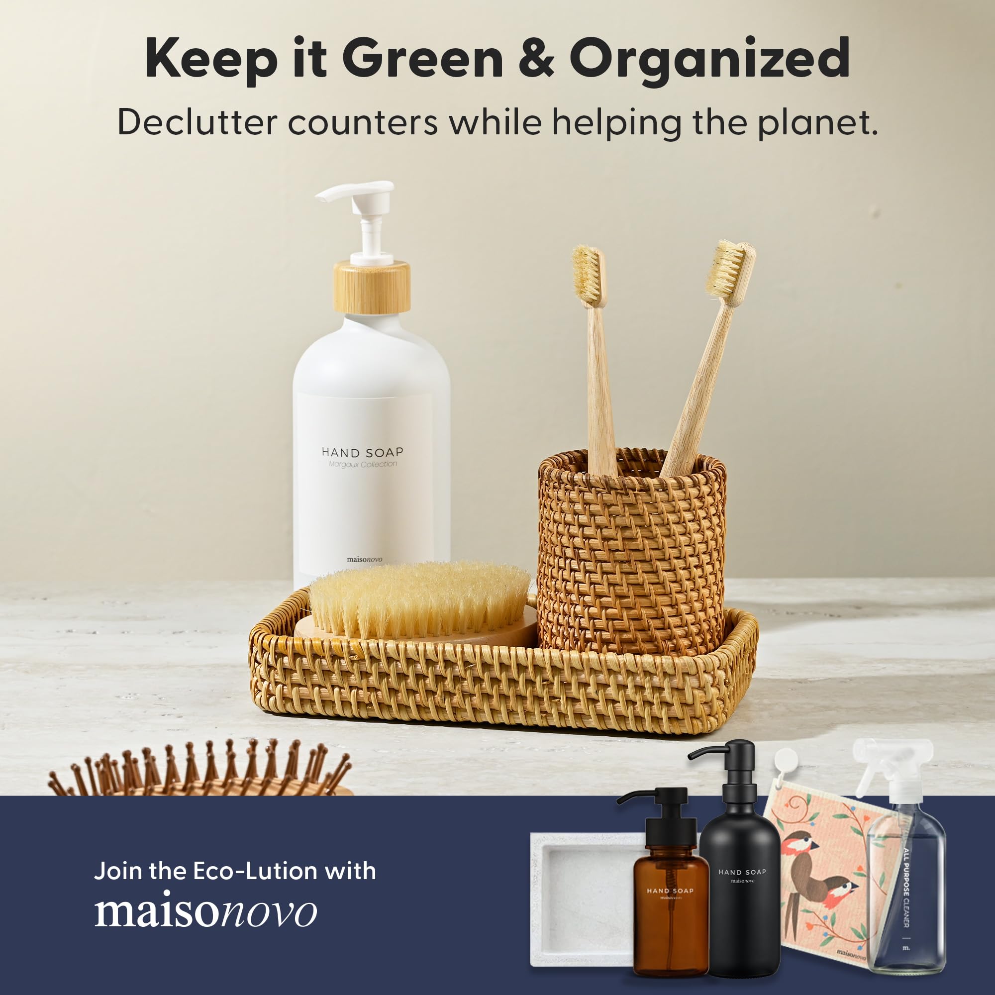 MaisoNovo Set da bagno in rattan, dispenser bianco da appoggio, portaspazzolino e tazza di dentifricio con vassoio, set di 3 vassoi rettangolari in rattan per riporre oggetti