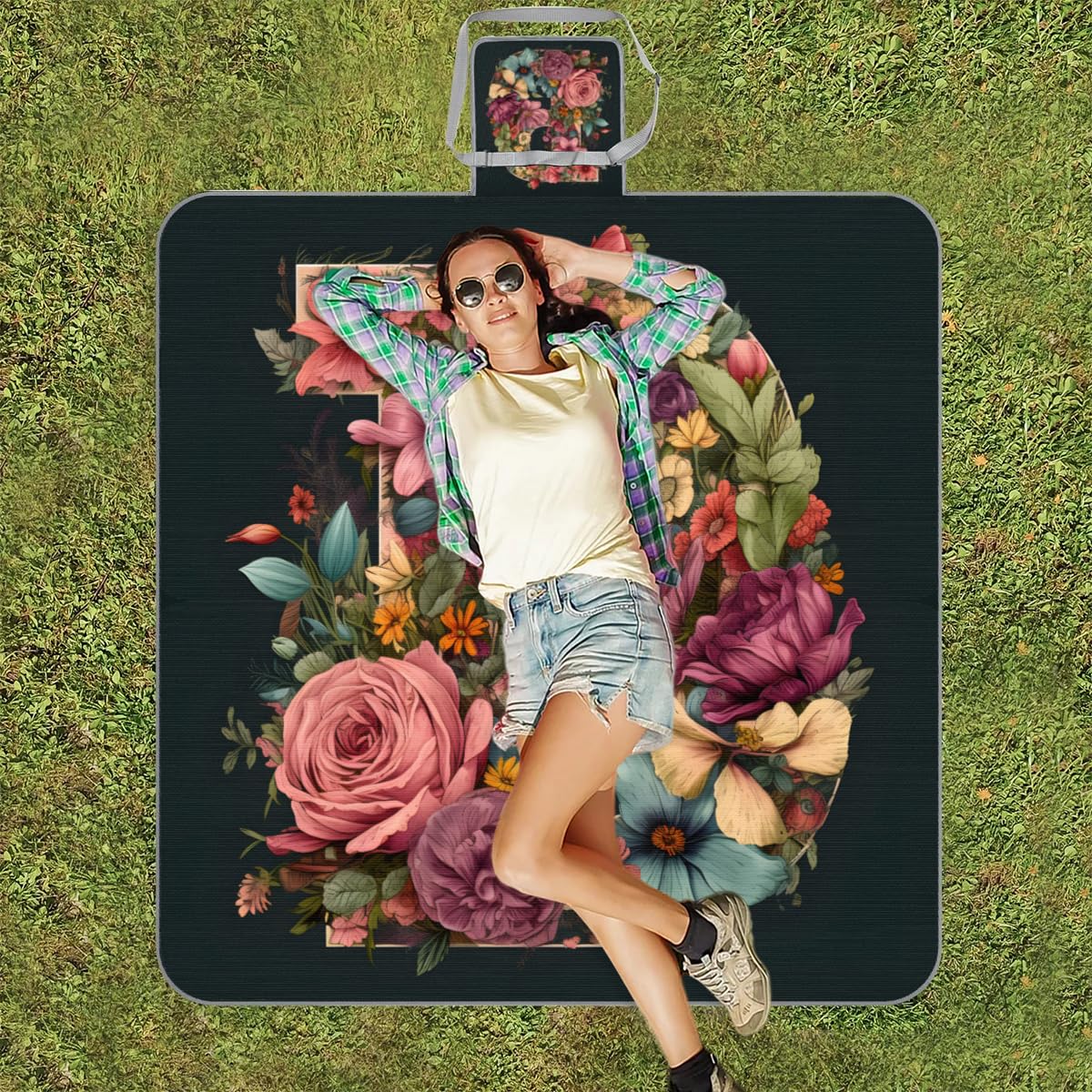 Mantas de picnic de 150 x 145 cm, diseño de flores artísticas con letra B, plegable, manta de playa para exteriores, impermeable, para playa, camping, senderismo, picnic