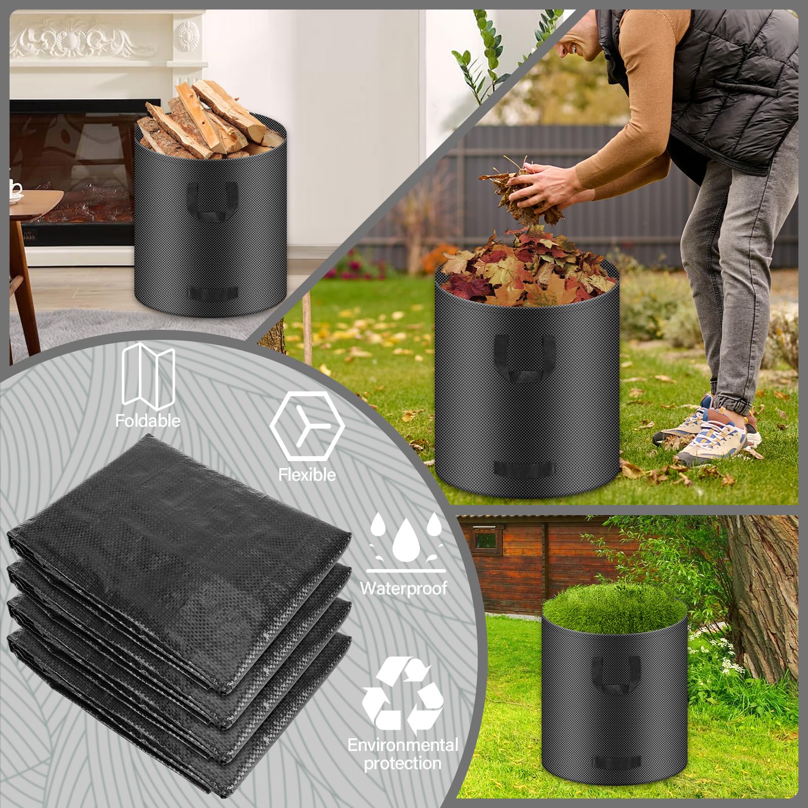4X Bolsas de Basura de Jardín, 272 L Sacos de Jardín con Asas, Plegable Bolsas de Jardín, Repelentes al Agua, Sacos de Jardín Reutilizables y Estables, Adecuado para hojas y césped