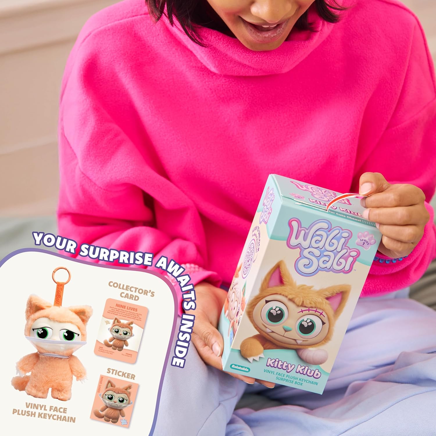 WabiSabi Kitty Club Blind Box by Relatable - Soft, Collectible, Blind Box Figures Plush on a Keychain, for Kids, Teens, and Collectors - Includes 1 Single Mystery Plush