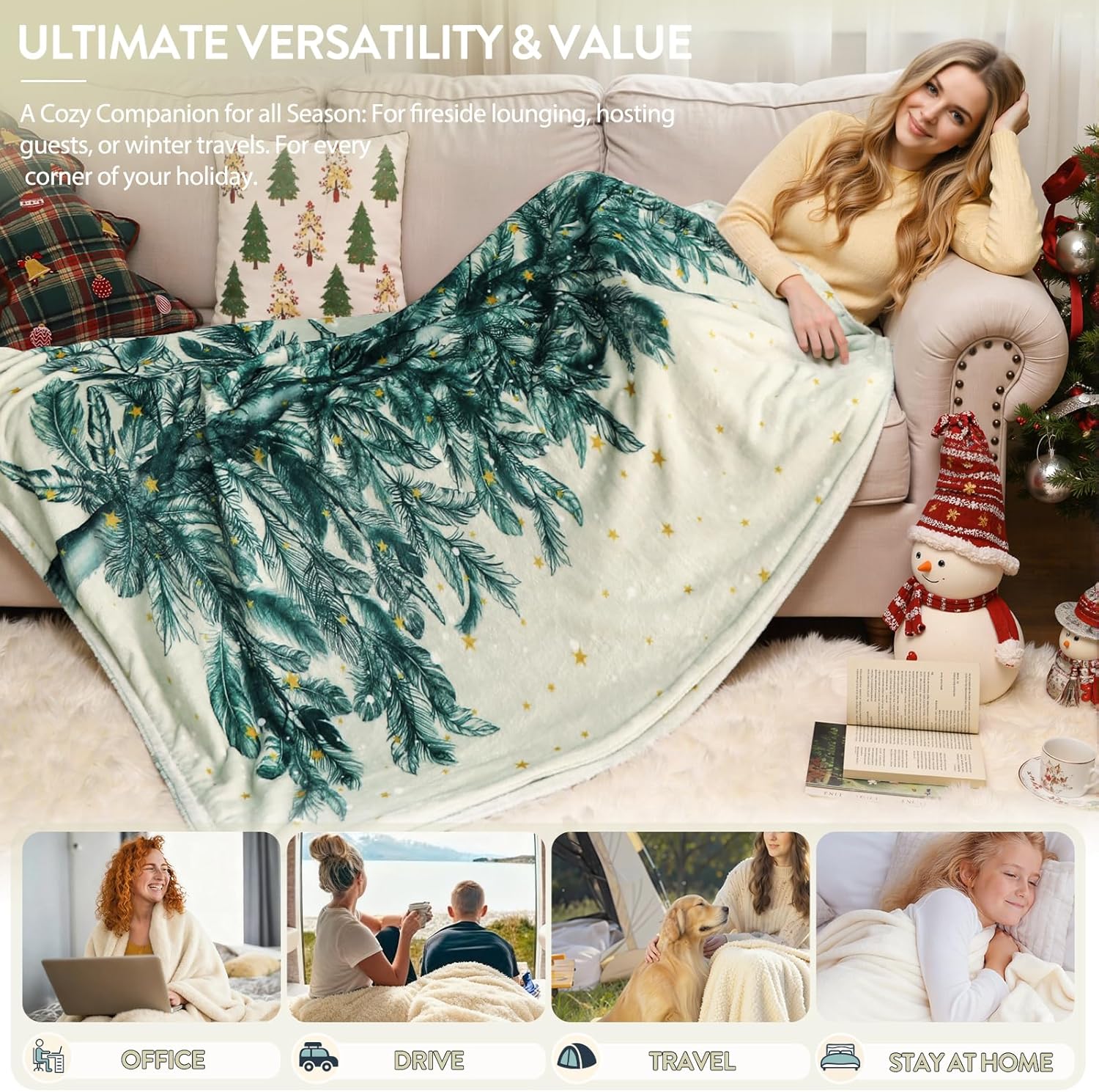 Lahome Christmas Blanket, Christmas Decorations Gifts for Women, Flannel Fleece Winter Holiday Blanket, Fluffy Cozy Soft Christams Throws for Couch Sofa Bed, ChristamsTree Pattern, Beige, 50" X 60"