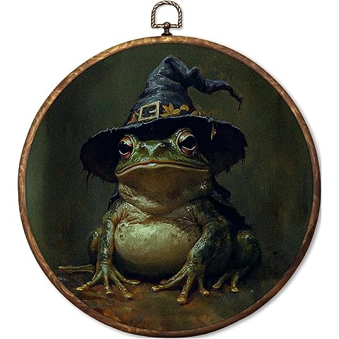 Fyecoluo Vintage Moody Forg Round Canvas Wall Art, Dark Academia Frog Framed Canvas Art, Gothic Witchy Cottagecore Animal Circle Wall Hanging Prints for Home Bedroom Living Room Decor, 10x10 Inches