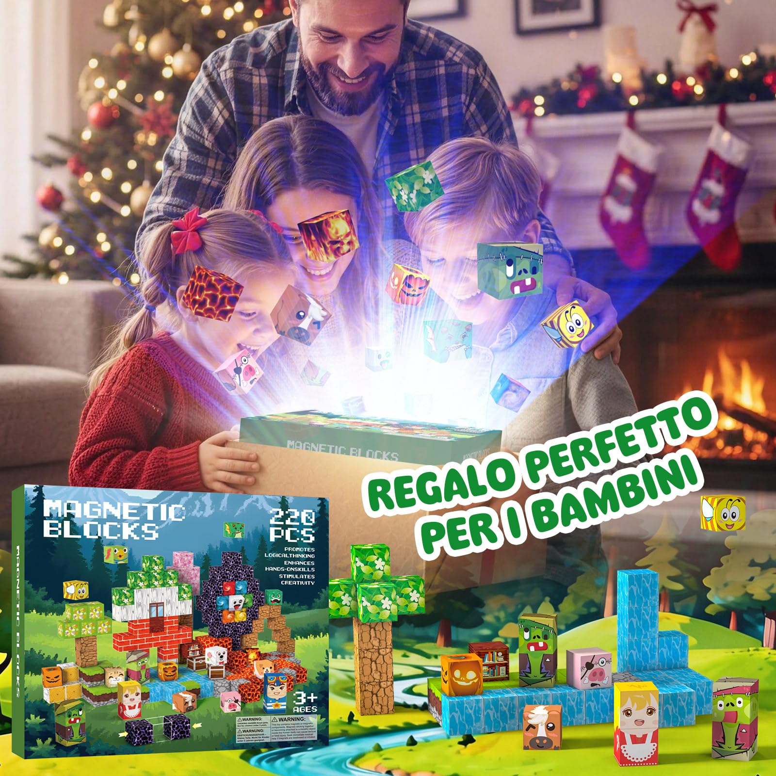 Costruzioni Magnetiche per Bambini 220 PCS 2CM 3+ Giochi Cubi Magnetici, Building Blocks Giocattoli Montessori a Partire da 3 4 5 6 7 8 9 10 11 12 Anni Regali di Compleanno per Ragazzi