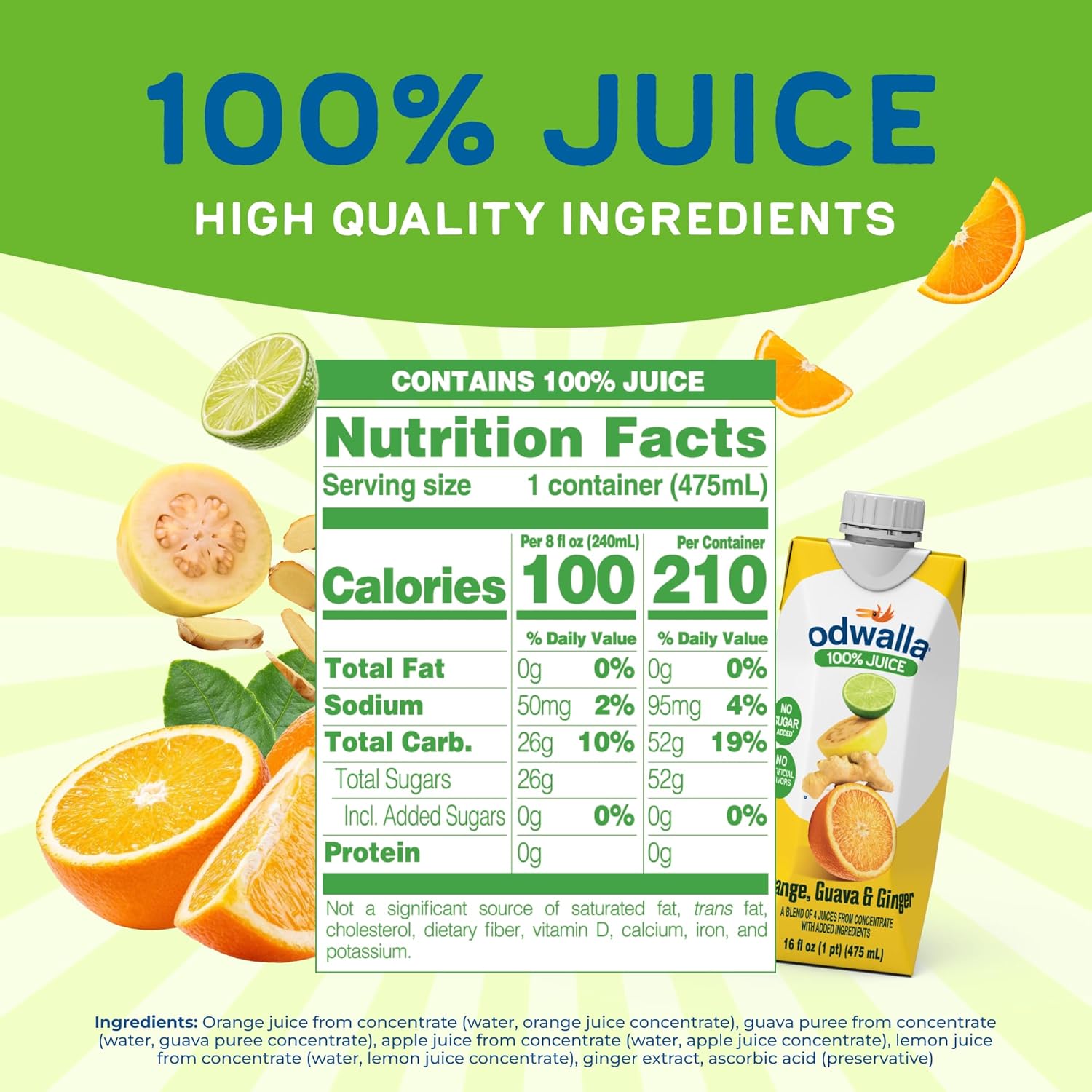 Odwalla Orange, Guava, Ginger Juice – Natural Ingredients, No Added Sugar, No Artificial Flavors or Colors - 16 oz (12 Pack)