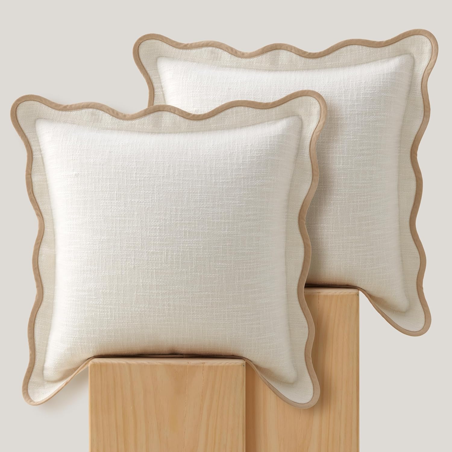 Double Stitch Scalloped Throw Pillow Covers - 100% Cotton Set of 2 Decorative Boho Pillow Covers 20 x 20, Made in India, Square Cushion Case, Modern Home Decor for Couch Sofa Living Room, Cream