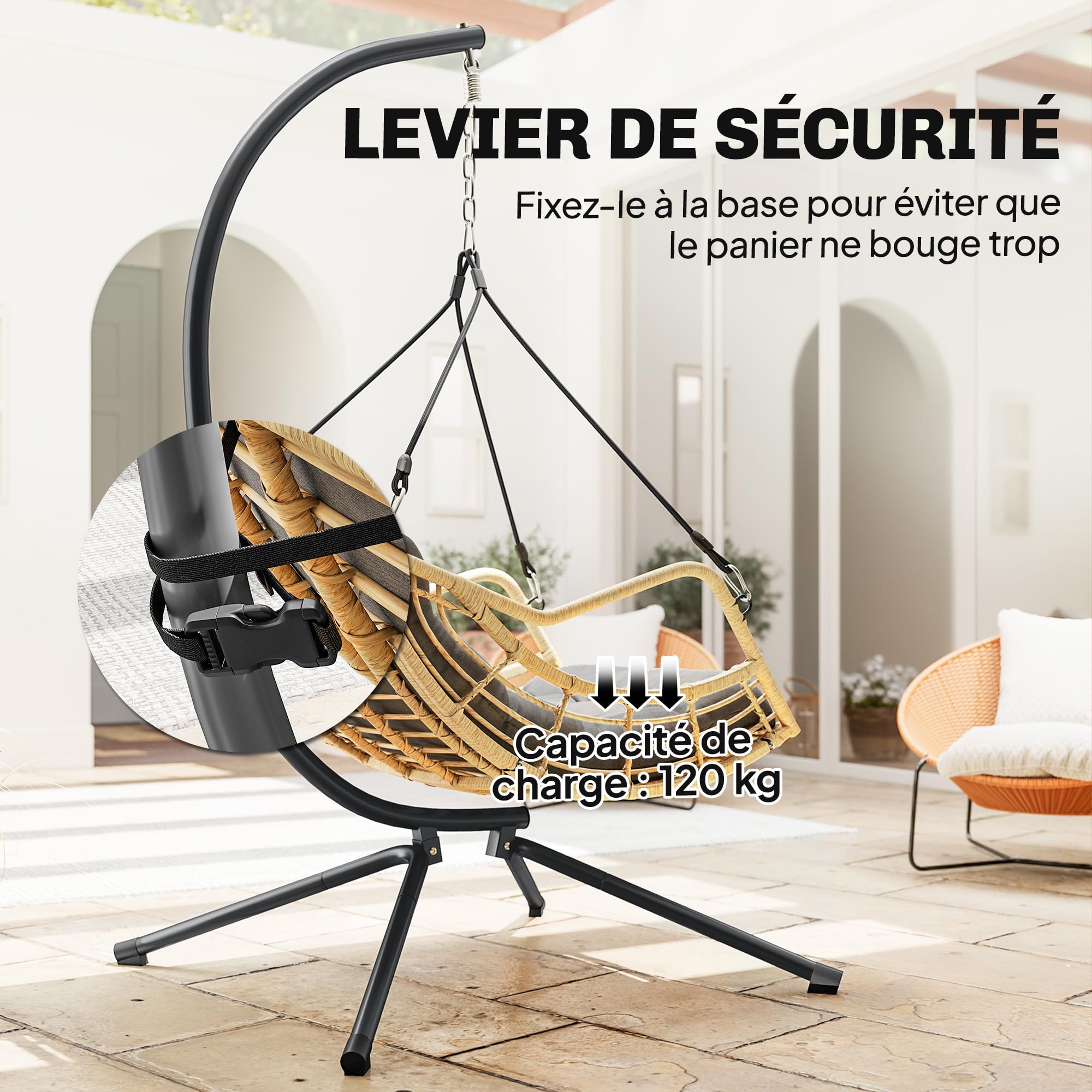 Outsunny Fauteuil Suspendu en résine tressée avec Support, Chaise Suspendue, Chaise hamac balançoire, Coussin et Attache de sécurité, Hauteur réglable, Cadre en Acier, intérieur et extérieur, Gris