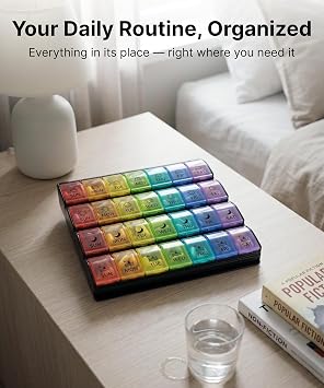 Weekly Pill Organizer 4 Times a Day Extra Large Medication Organizer with Quick-Fill Bottom Opening for Fast Refill, 7 Day Morning Noon Evening Night Pill Box, 28 Compartments for Daily Medicine