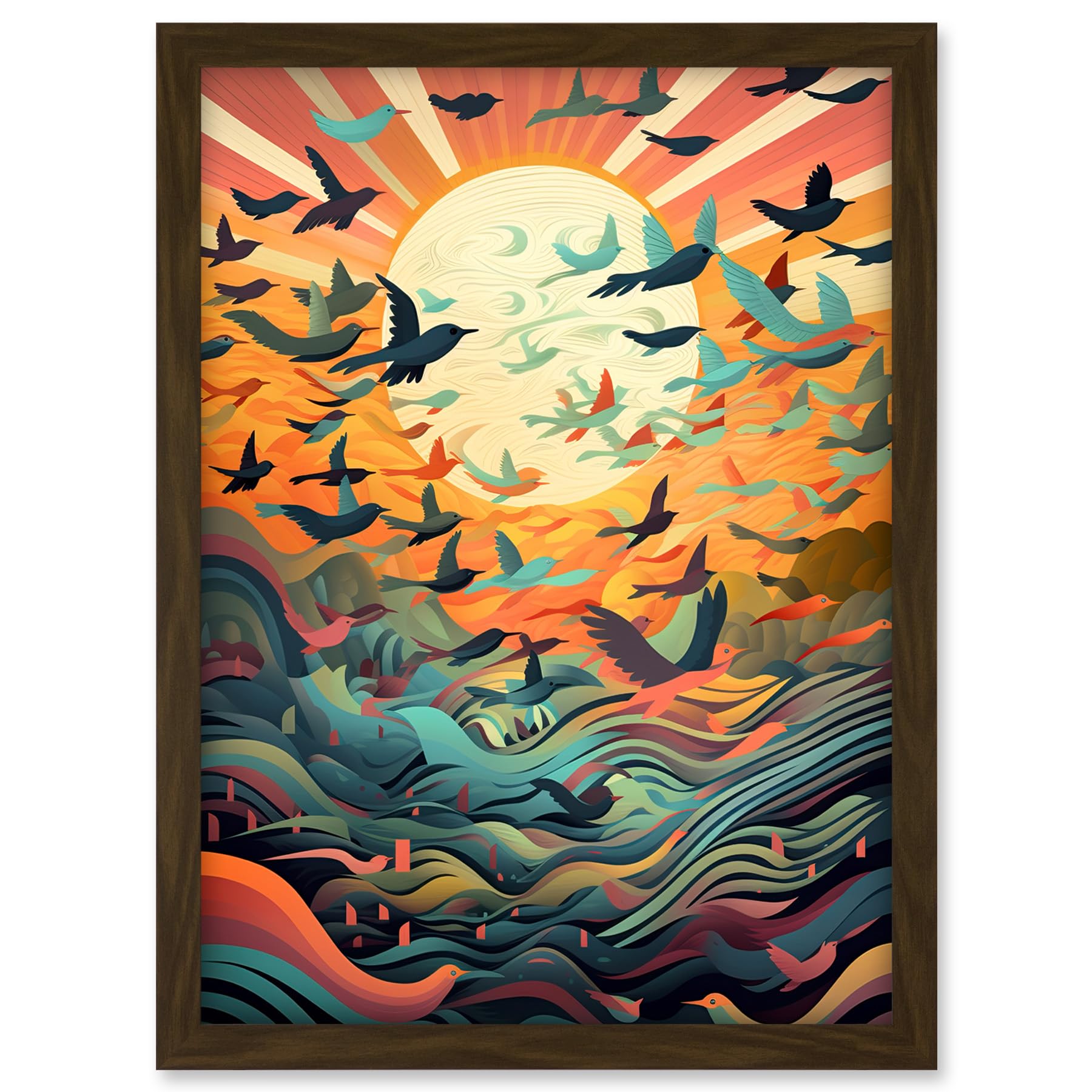 Artery8 Flock of Birds Flying at Sunrise Modern Folk Art Artwork Framed A3 Wall Art Print