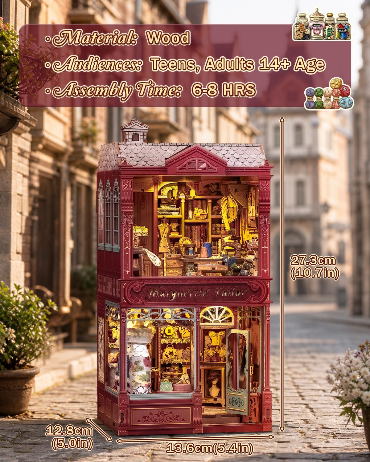 CUTEBEE Europejski sklep krawiecki w stylu retro, drewniany kącik na książki, zestaw do samodzielnego wykonania, miniaturowy dom, puzzle, model 3D, zestaw do budowania dla dorosłych, rękodzieło