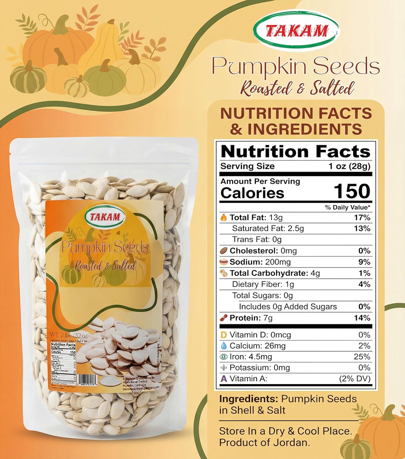 TAKAM Roasted & Salted Pumpkin Seeds (In Shell), Jumbo Size, Product of Jordan, 2 lbs (32 oz) Resealable Bag