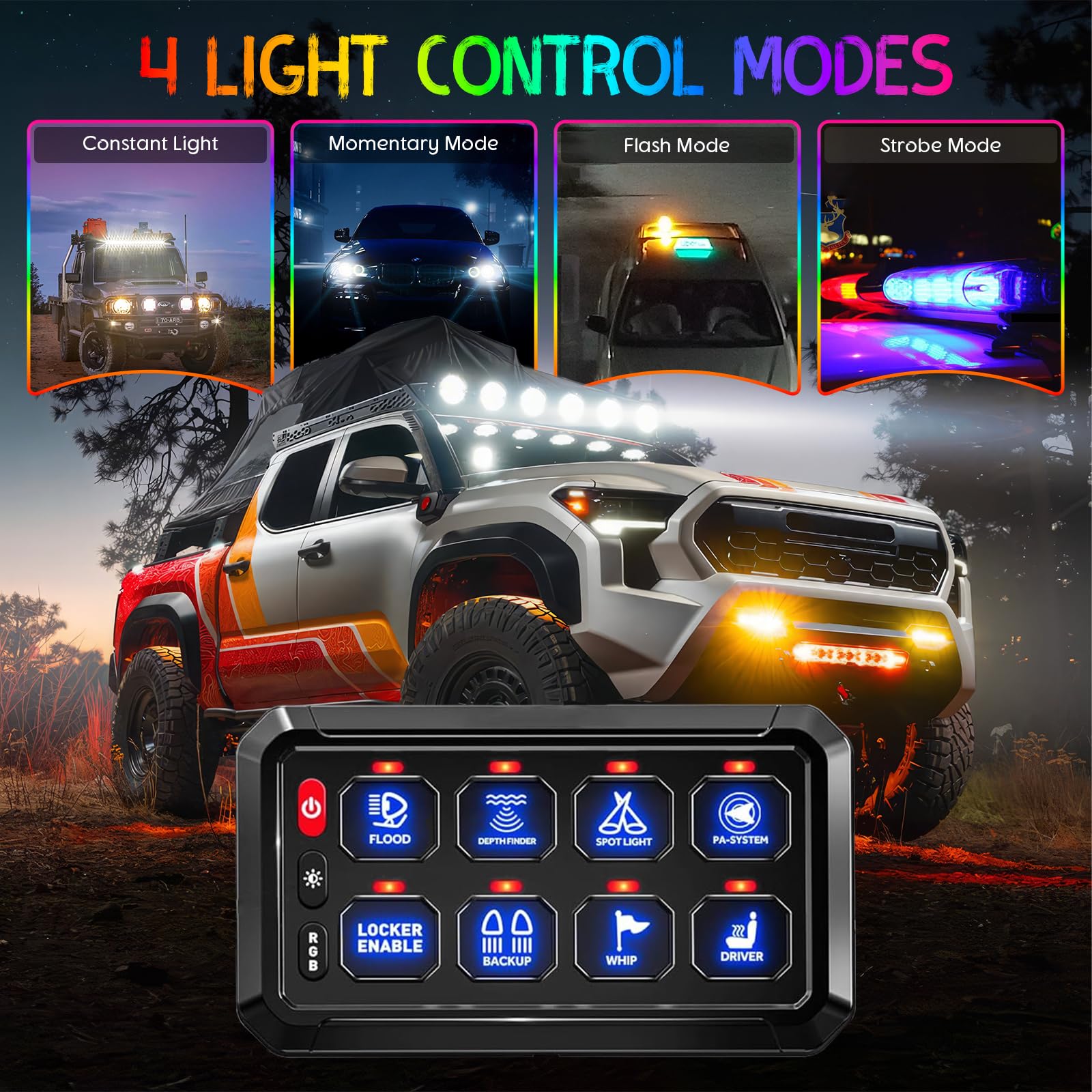 Chelhead Panel przełącznika 8 Gang RGB 12V/24 V z przekaźnikiem i bezpiecznikiem | Wodoszczelność IP65, 5 poziomów jasności i 3 silikonowe przyciski do łatwego sterowania akcesoriami
