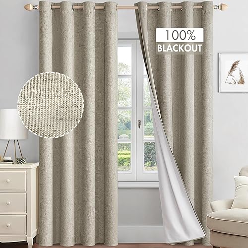 MIULEE Cortinas opacas con textura de lino 100% para dormitorio, 96 pulgadas de largo, con aislamiento térmico, cortinas opacas con forro blanco