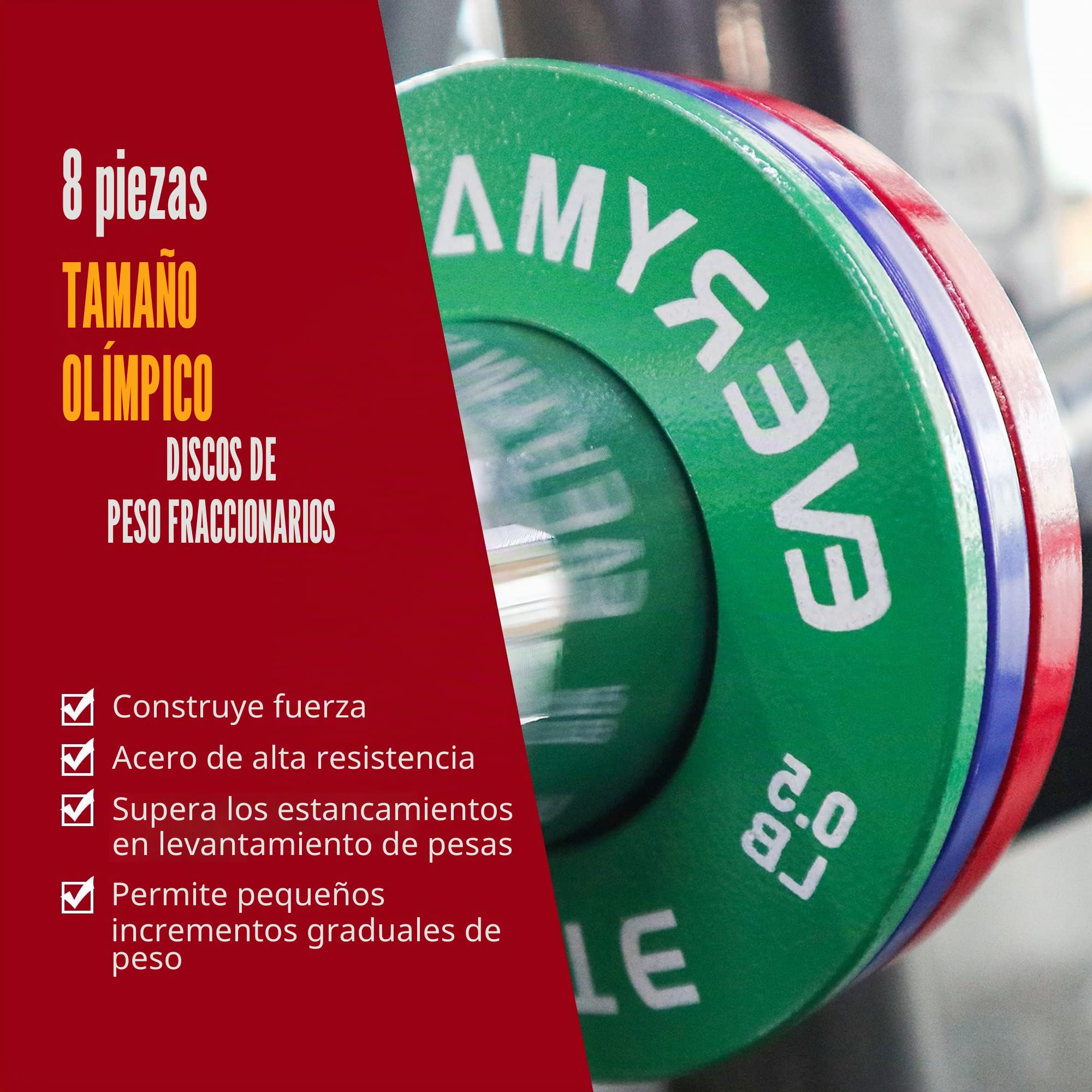 EVERYMATE Juego de 8 discos de peso fraccionales para pesas de 0.25 libras, 0.45 libras, 0.75 libras, 1 libra, para pesas olímpicas para entrenamiento de fuerza, placas de peso