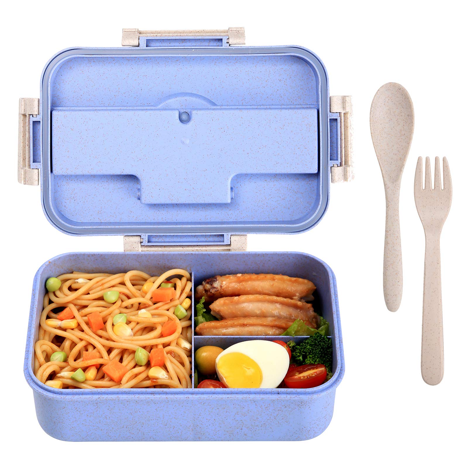 Molizummy Lunch Box for Kids Adults Toddlers with 3 Compartment, Eco-friendly Wheat Straw Lunch Box with Spoon & Fork, Leak Proof Zero Waste Portion Control Container Food Storage Containers (Blue)