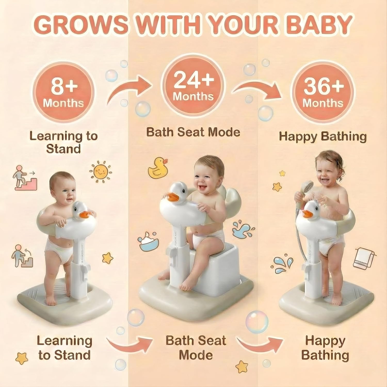 Baby Bath Stand with Built-in Seat - Duck Design - Anti-Slip Base - Baby Shower Stand for Sitting or Standing (White Beige)