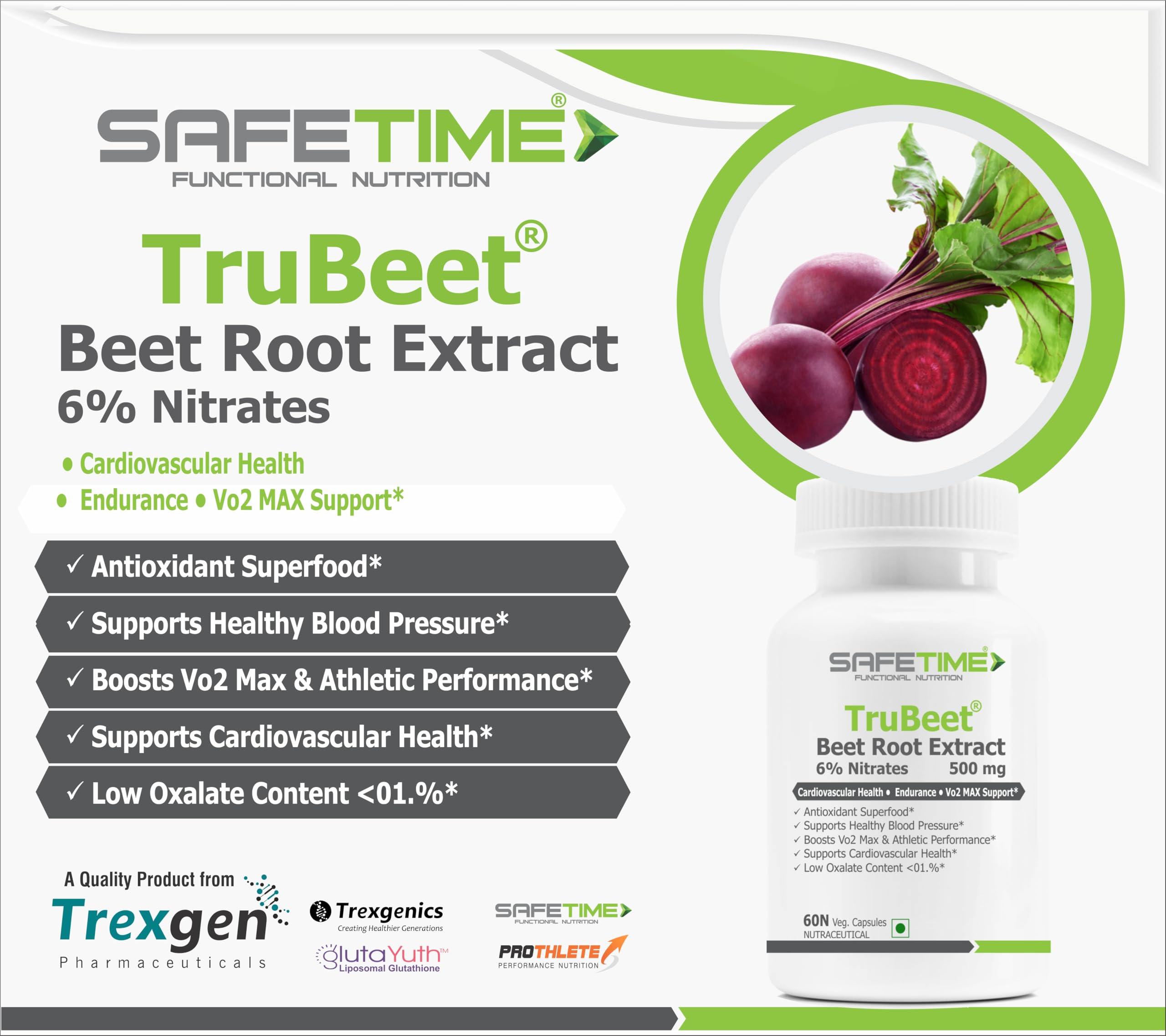 Safetime TRUBEET BEET ROOT 6% NITRATES Cardiovascular Health, VO2 MAX, Sports Perforamance & Endurance (60 Veg Capsules) (Pack of 1)