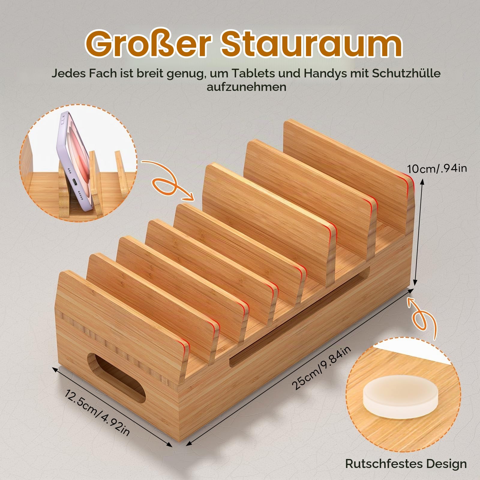 Pezin & Hulin Bambus-Ladestation mit Uhrenständer, Docking-Halterung für mehrere Geräte mit 5 Ladekabeln, Desktop-Dockstationen, elektronischer Organizer für Handy, Tablet, Uhr, natürlicher Bambus