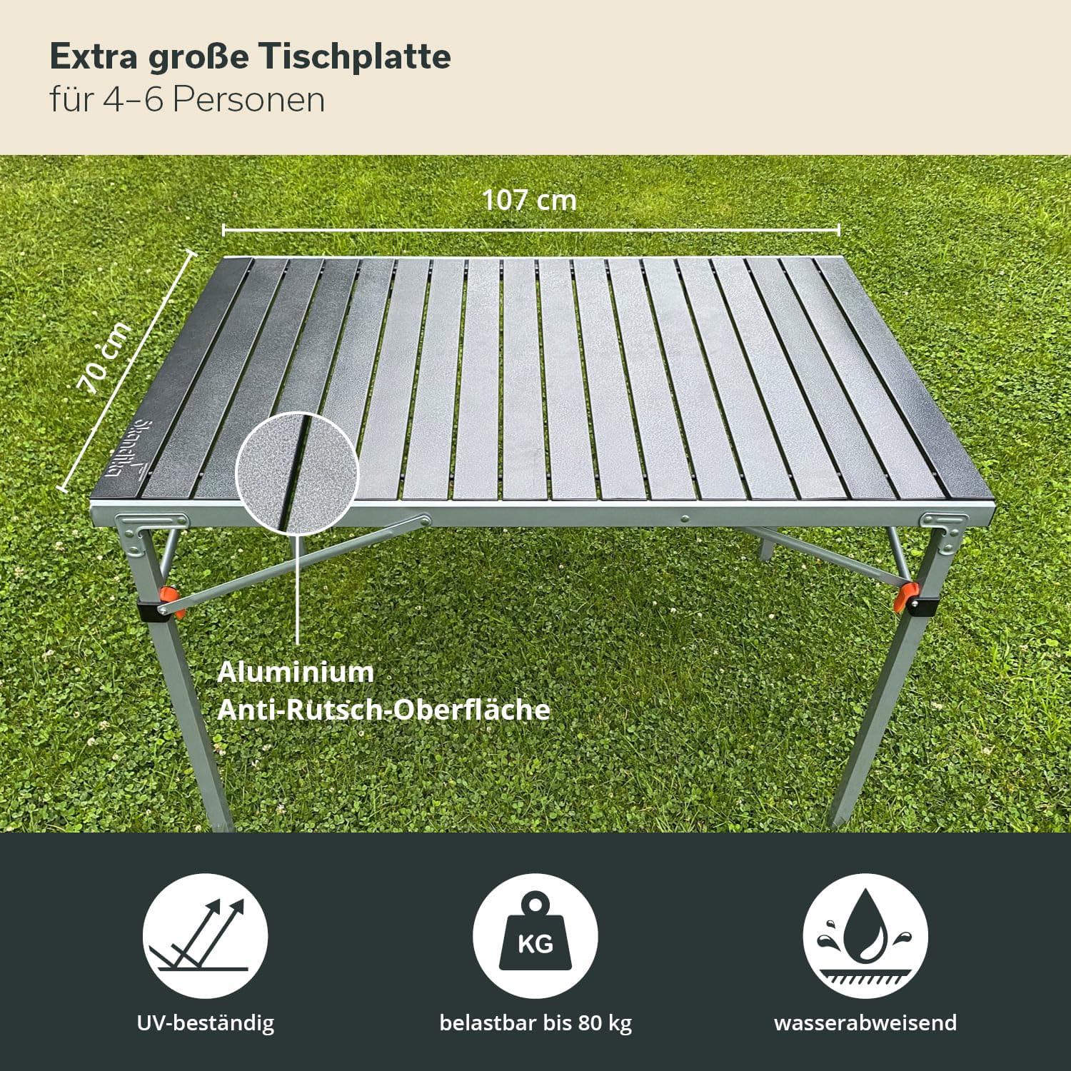 Skandika Aluminium Klapptisch Maikku | Alu Campingtisch für 6 Personen, 80 kg Traglast, 107 x 70 x 70 cm, wasserfest, klappbar, leicht, einrollbare Tischplatte | Falttisch für Garten, Angeln (Grau)