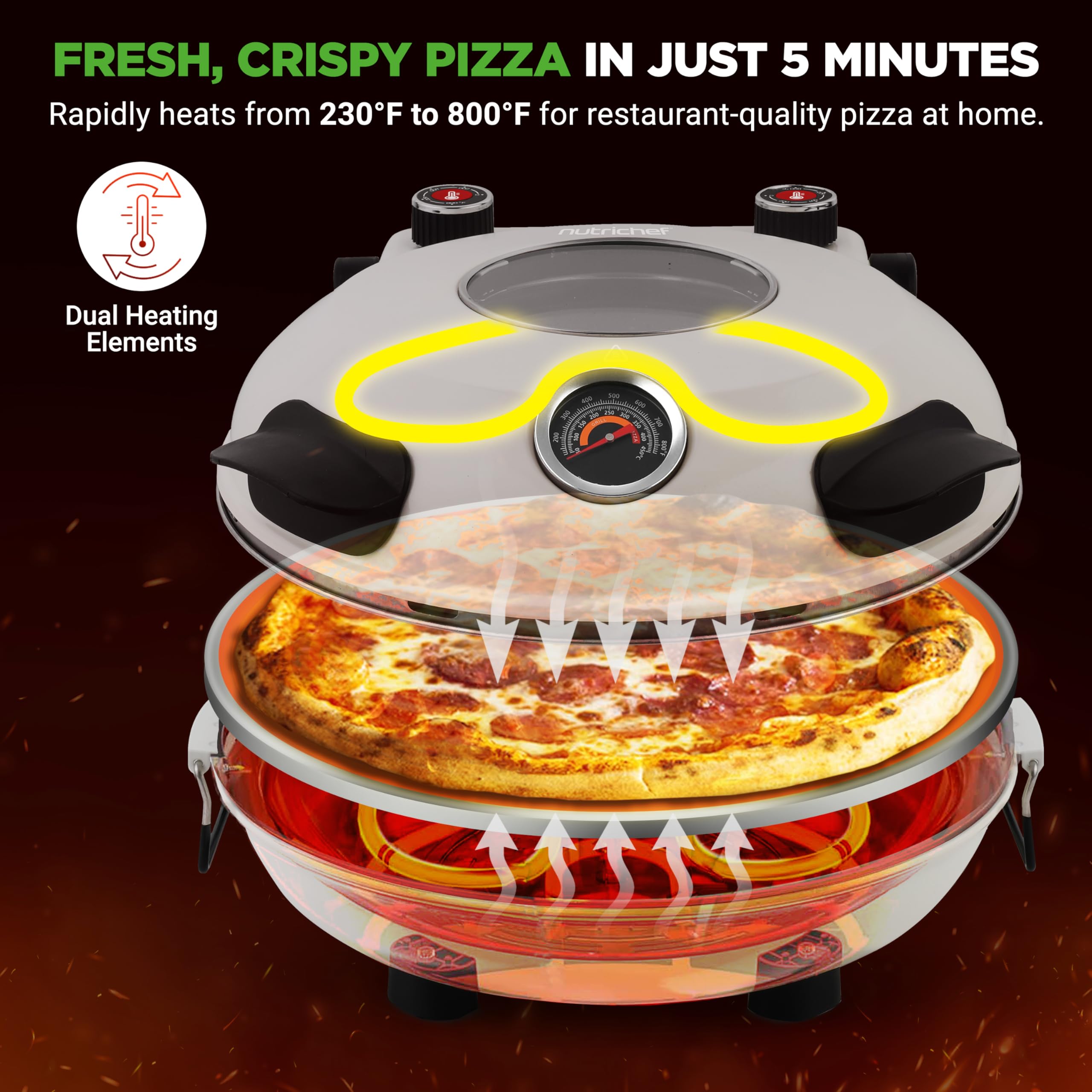 NutriChef Electric Pizza Oven | 1200W Countertop Pizza Maker with Temperature Control & Thermometer | Viewing Window for Precise Cooking | Heats up to 800˚F | Easy to Clean Non-Stick Coating | White - Detailed View